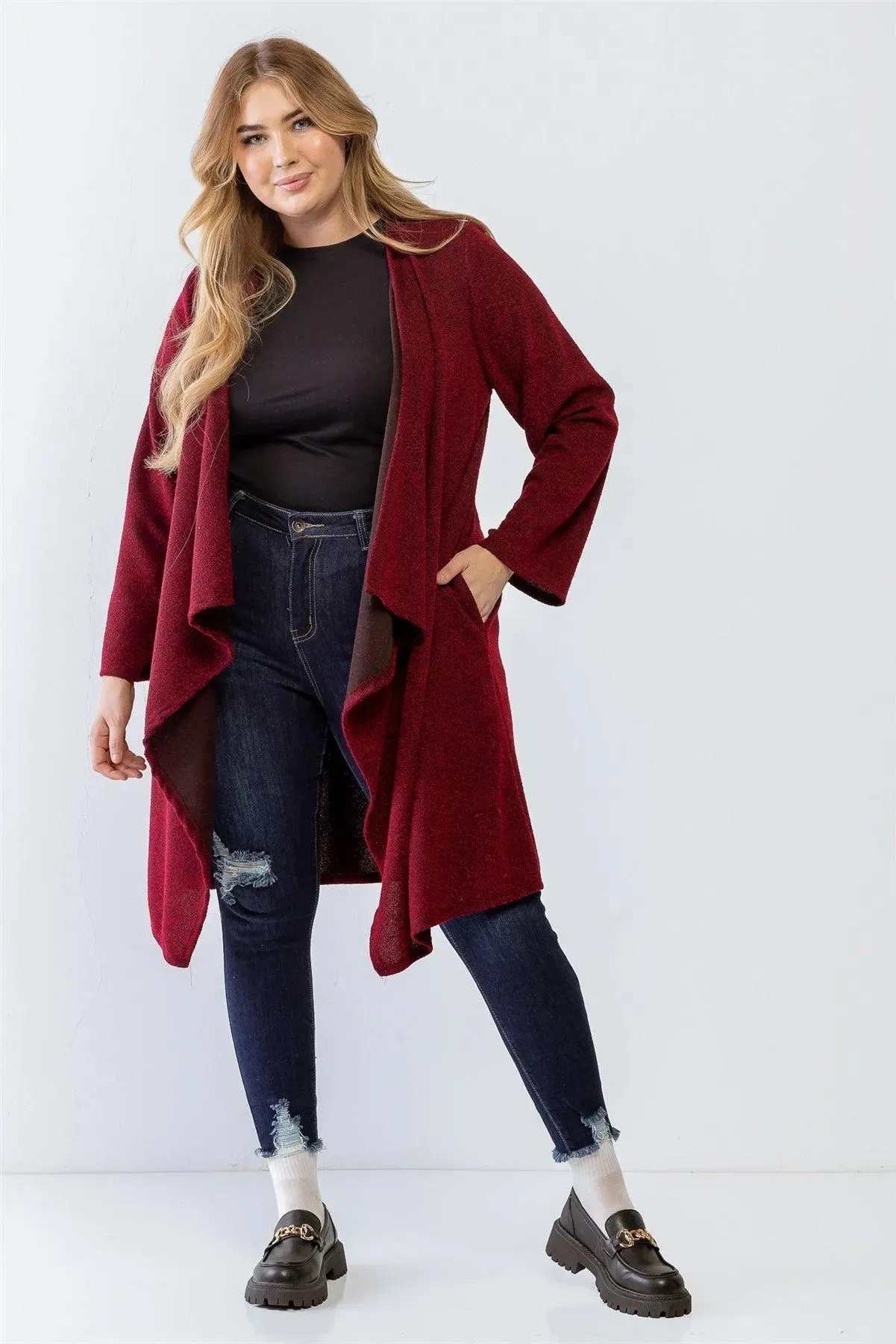 Plus Size Wine Asymmetrical Long Sleeve Relax Cardigan