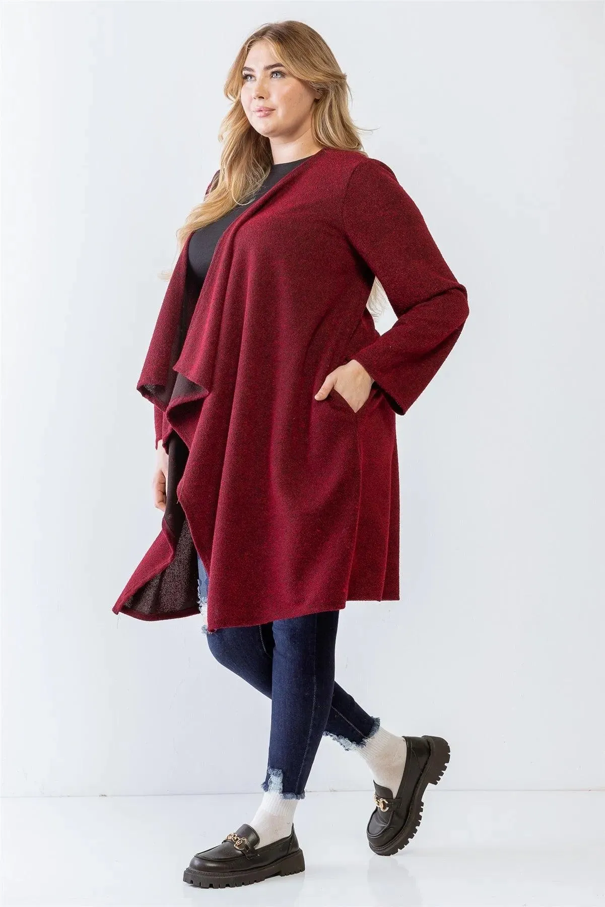 Plus Size Wine Asymmetrical Long Sleeve Relax Cardigan