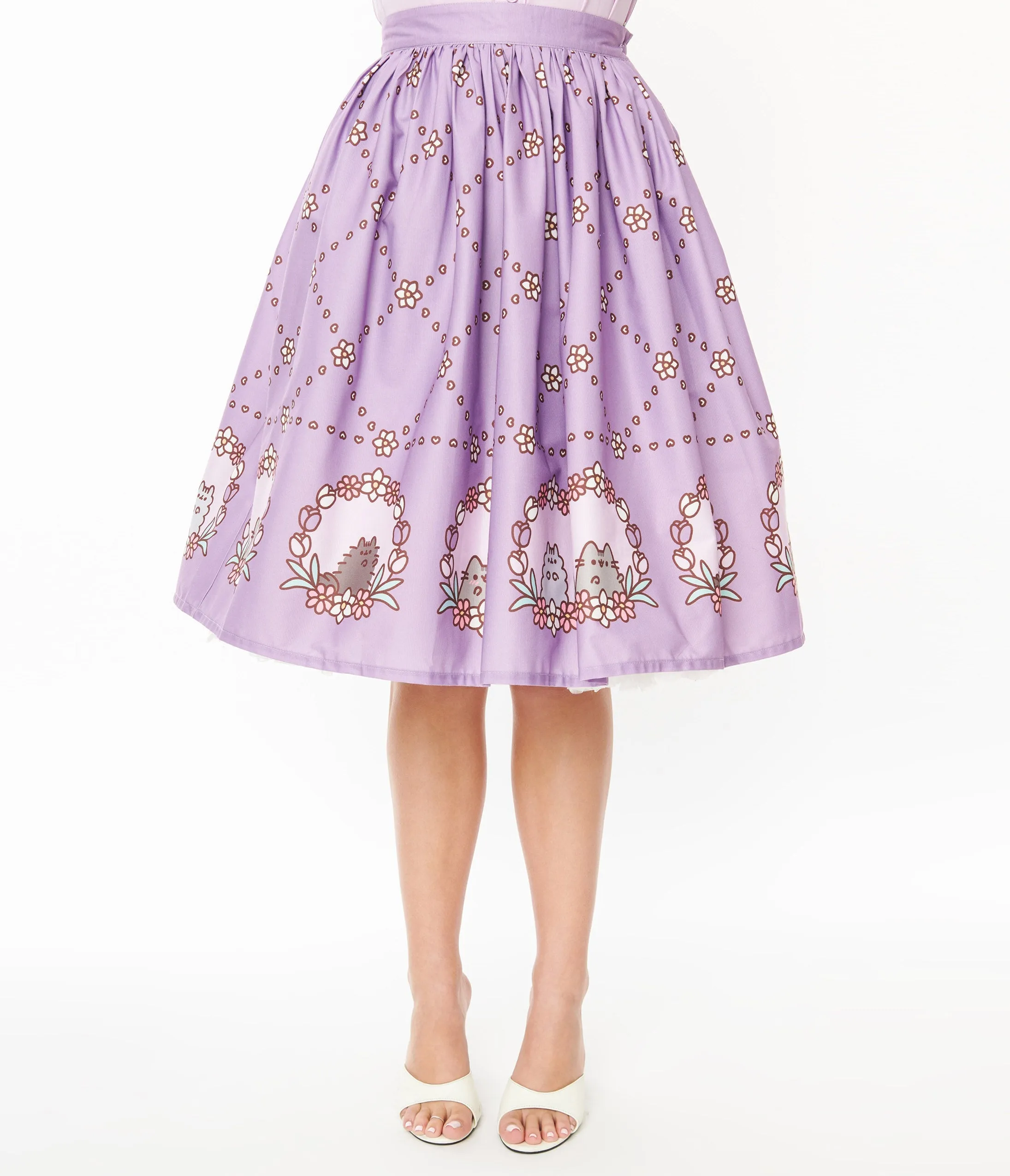 Pusheen x Unique Vintage Lavender Pusheen Floral Frame Print Gellar Swing Skirt
