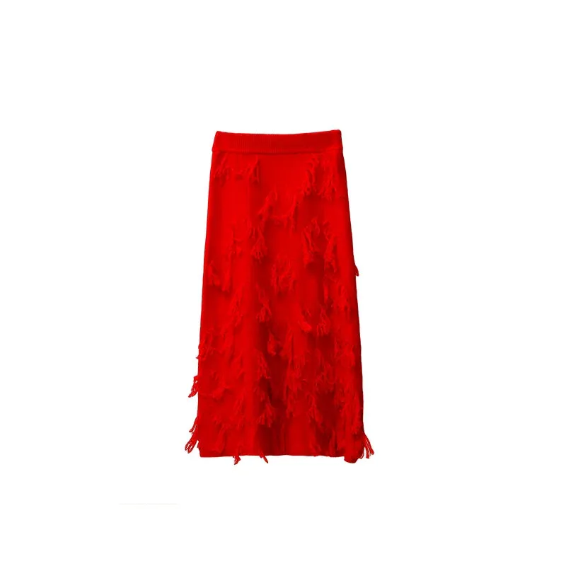 Red Distressed Midi Skirt with Frayed Texture