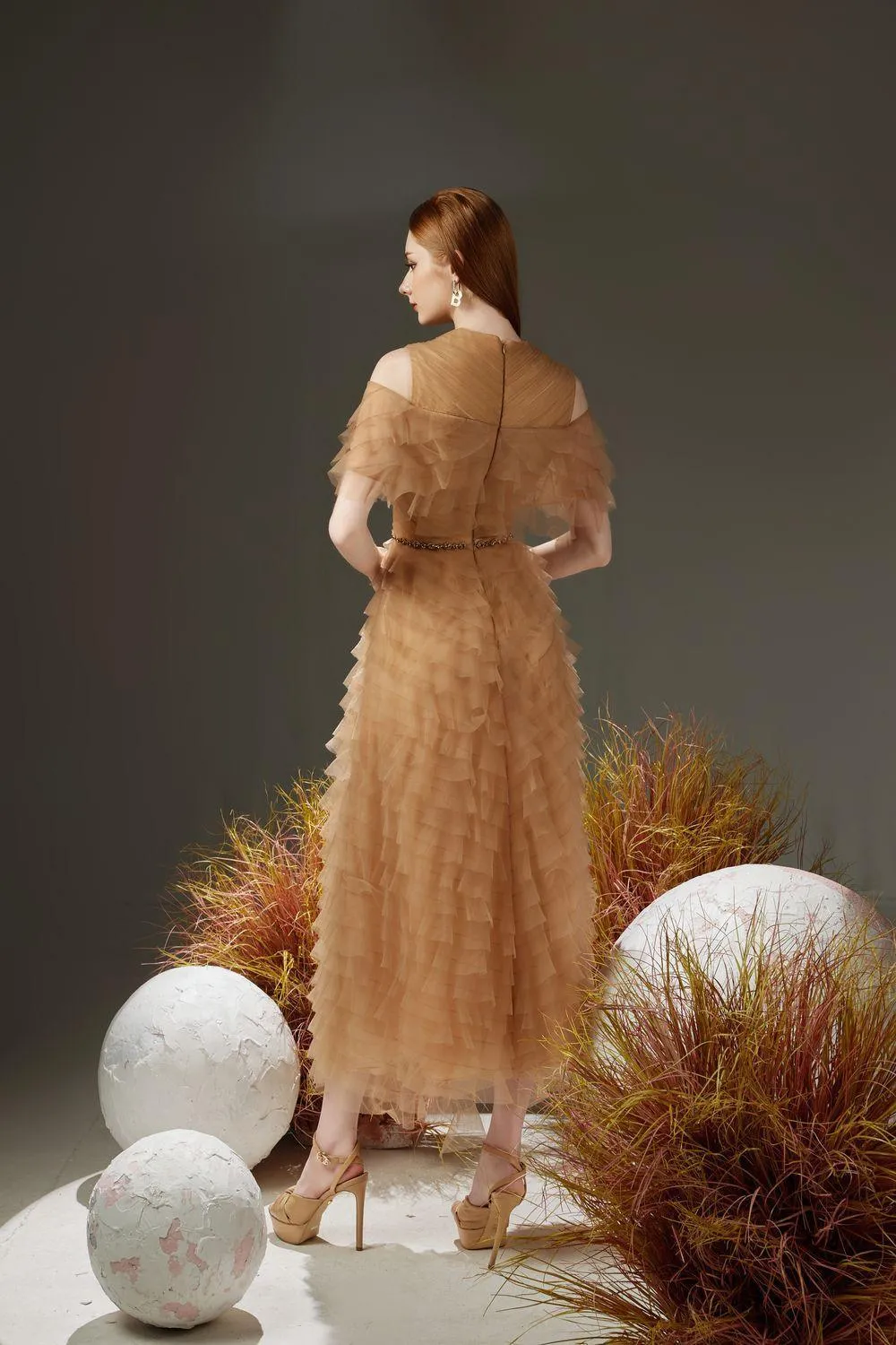 Reynolds Layered Cold Shoulder Sleeved Organza Midi Dress