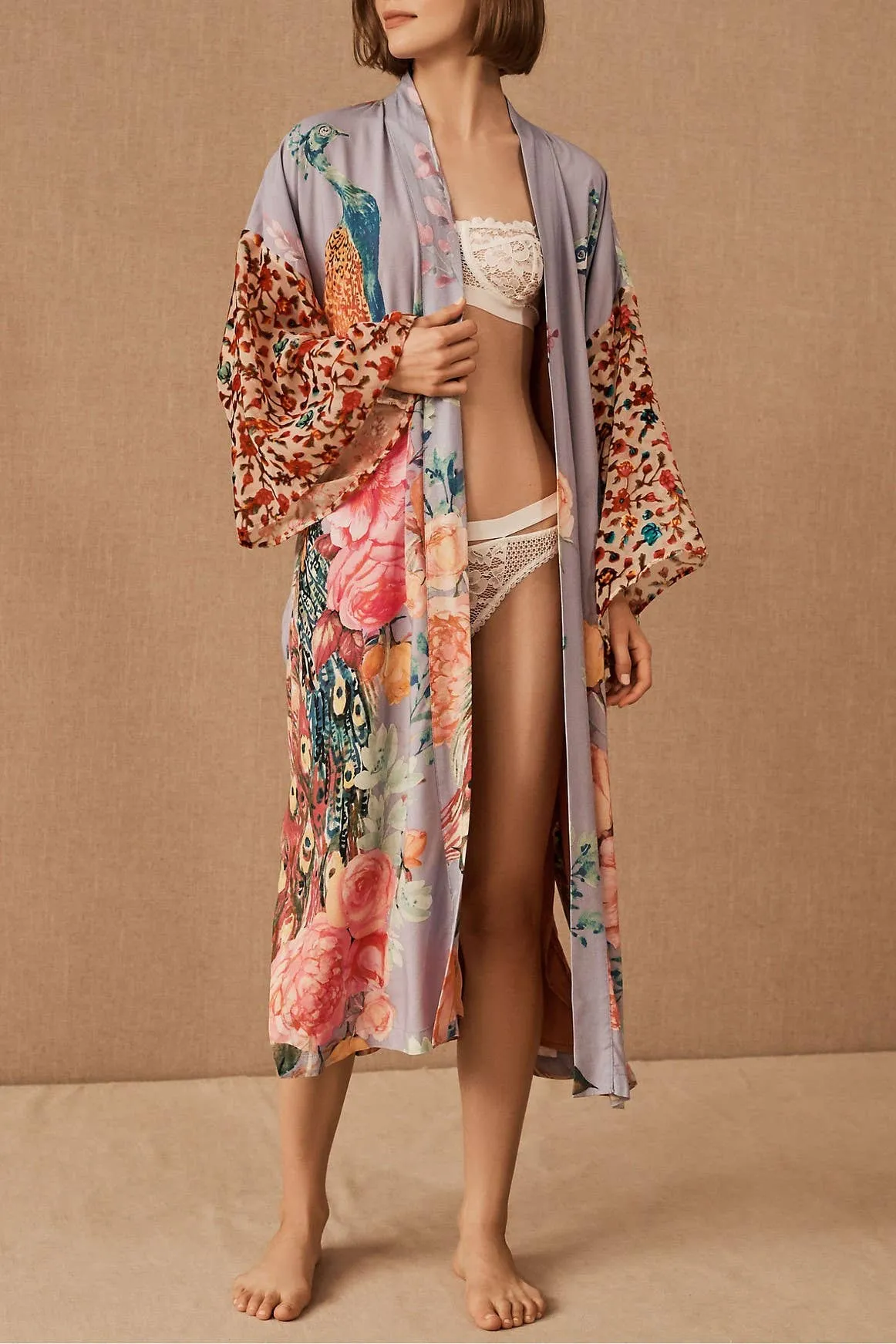 Rosa Clothing - Retro Oriental Peacock Kimono Beach CoverUp Lounge Robe: Purple / M
