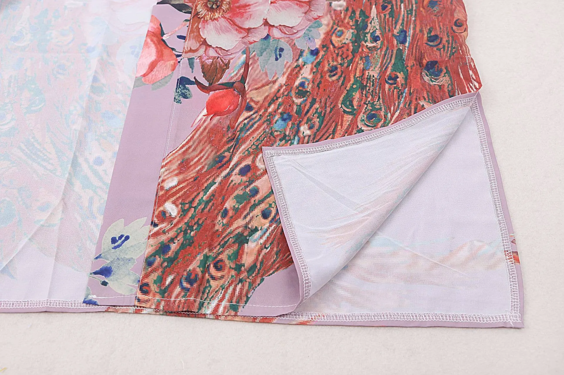Rosa Clothing - Retro Oriental Peacock Kimono Beach CoverUp Lounge Robe: White / M