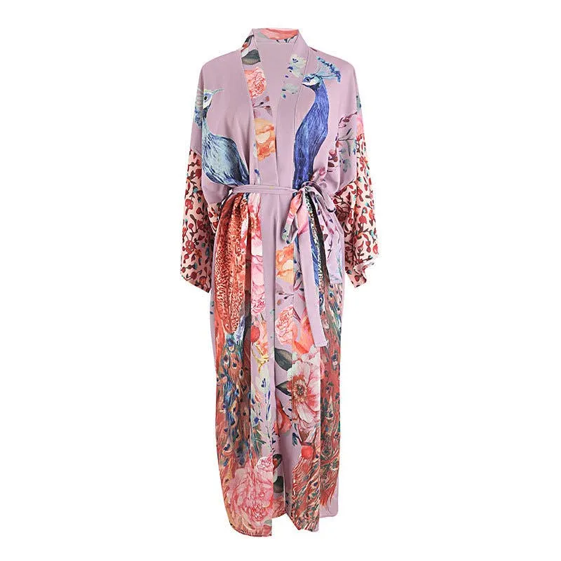 Rosa Clothing - Retro Oriental Peacock Kimono Beach CoverUp Lounge Robe: White / M