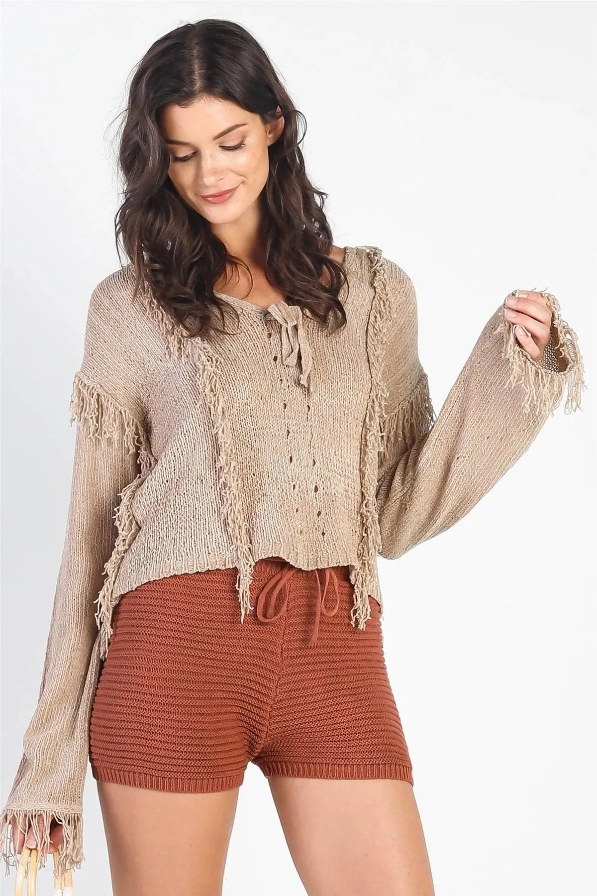 Sand Knit Trim Detail Self-Tie V-Neck Sweater /5-1