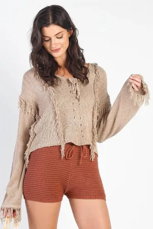 Sand Knit Trim Detail Self-Tie V-Neck Sweater /5-1