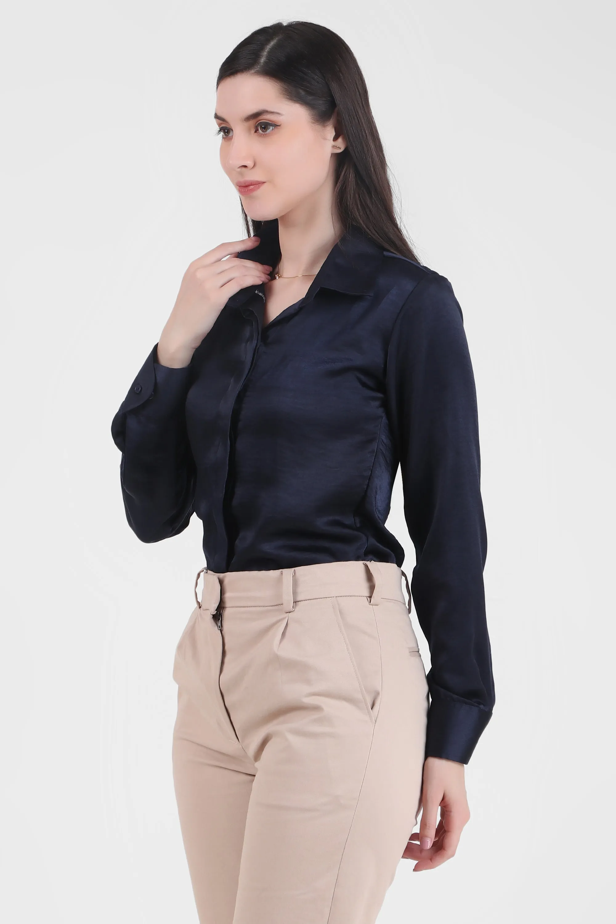 Satin Button Down Full Sleeves Shirt, Deep Sea Blue