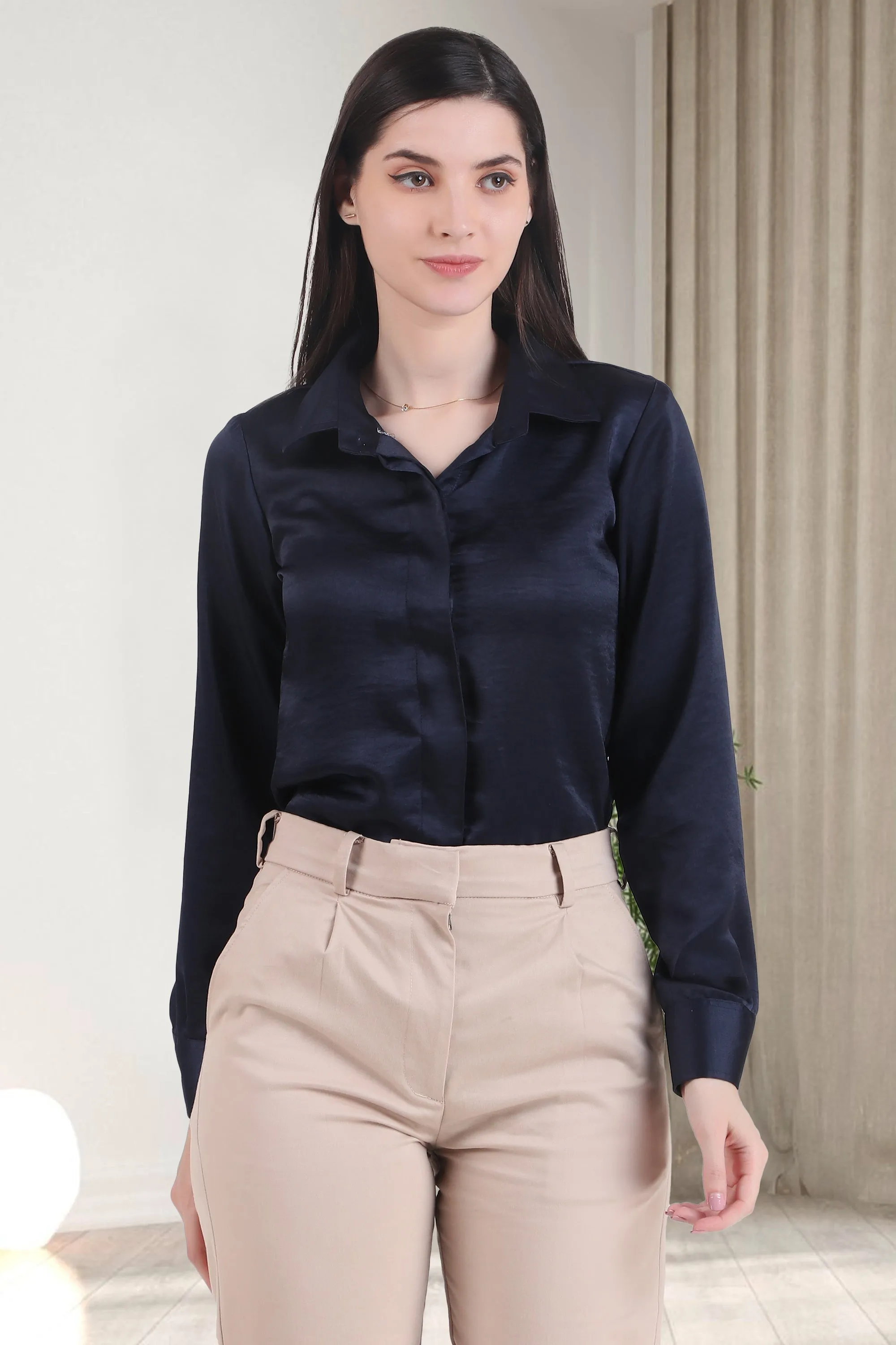 Satin Button Down Full Sleeves Shirt, Deep Sea Blue