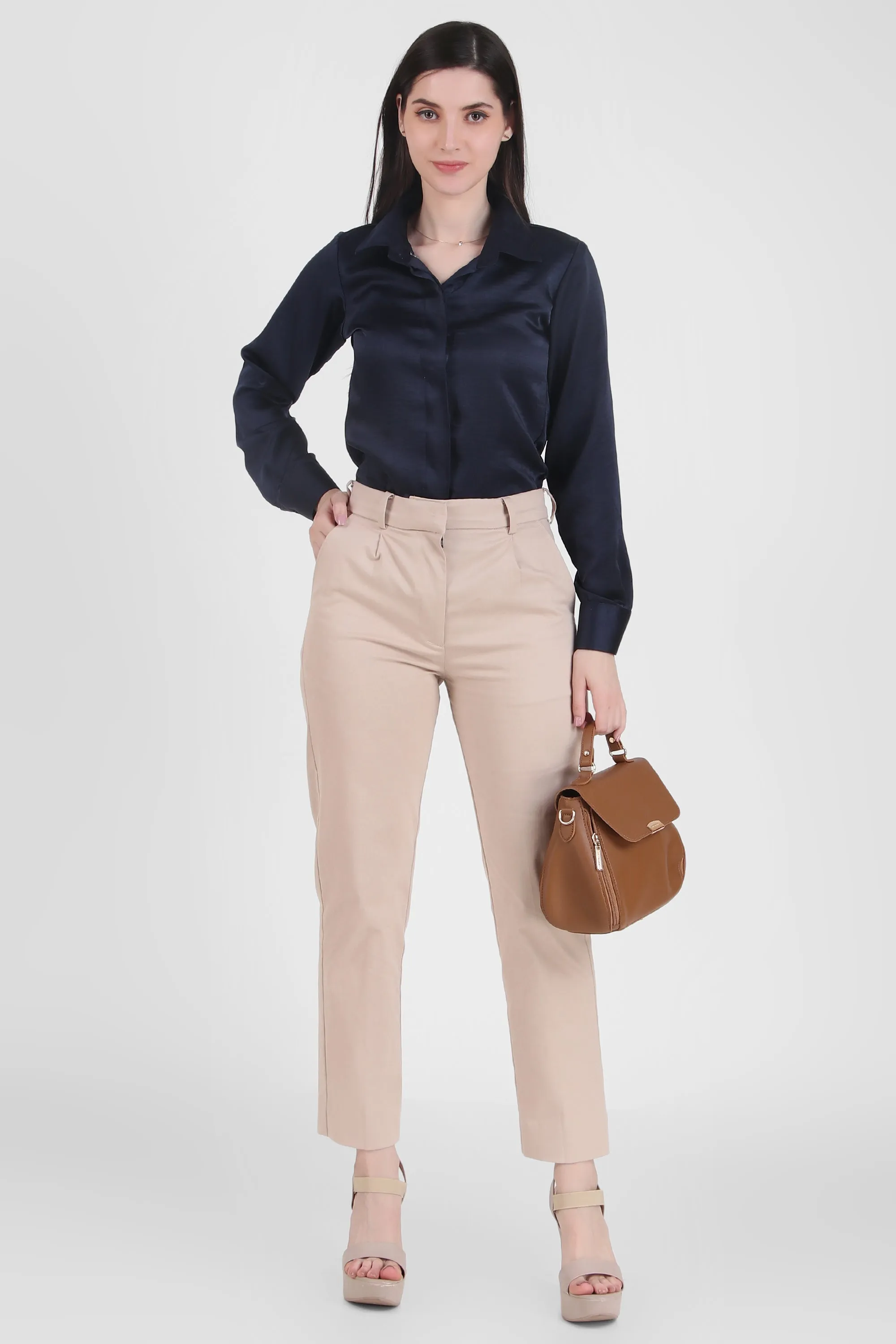 Satin Button Down Full Sleeves Shirt, Deep Sea Blue