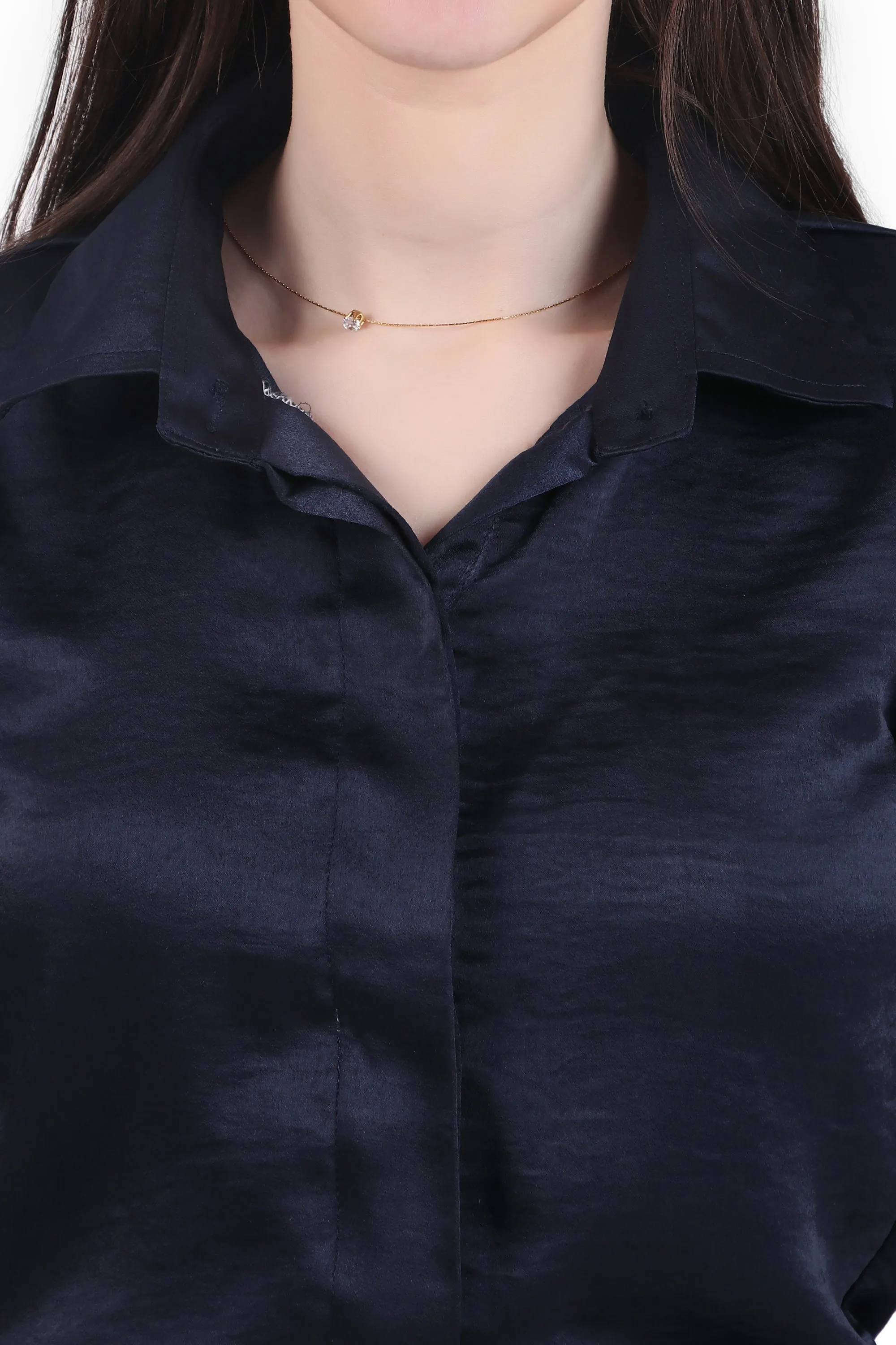 Satin Button Down Full Sleeves Shirt, Deep Sea Blue