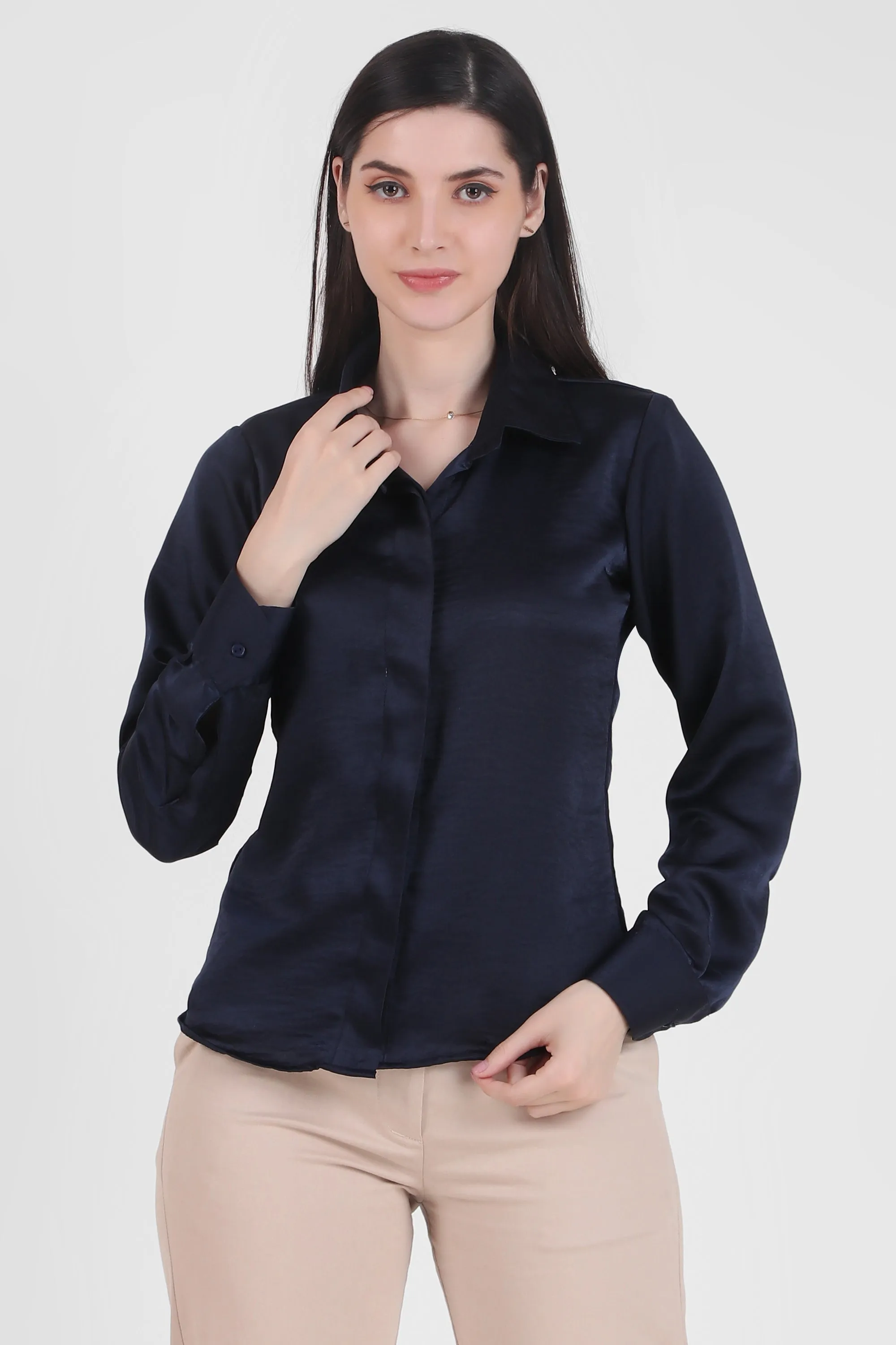 Satin Button Down Full Sleeves Shirt, Deep Sea Blue