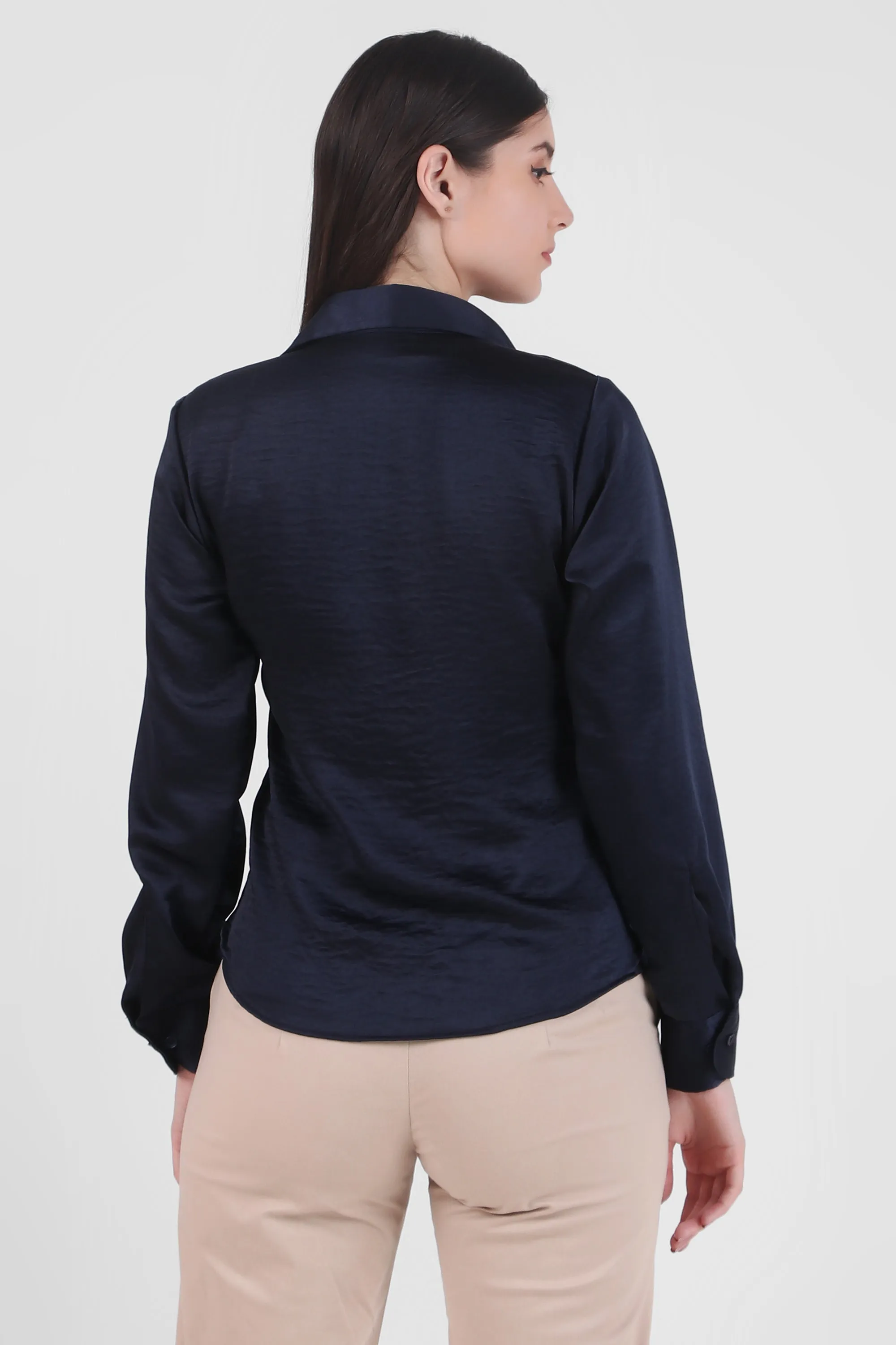 Satin Button Down Full Sleeves Shirt, Deep Sea Blue