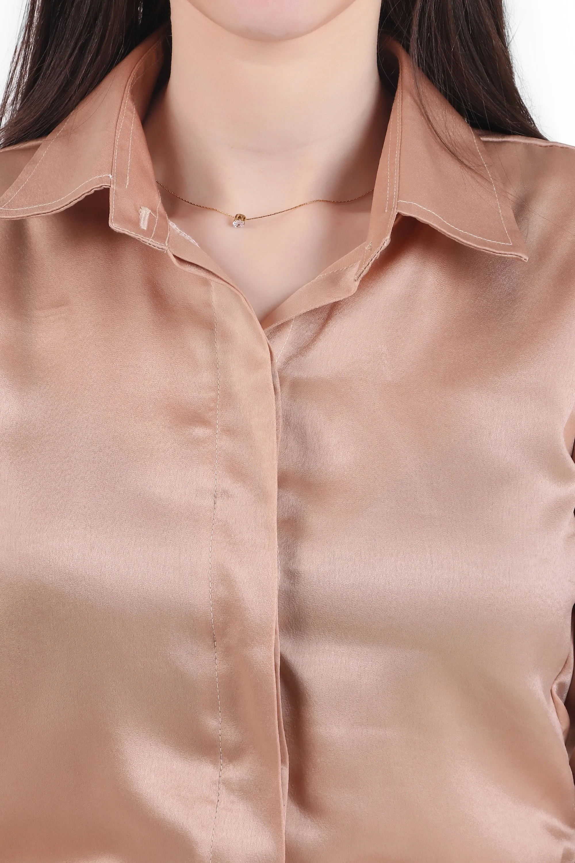 Satin Button Down Full Sleeves Shirt, Hazelnut