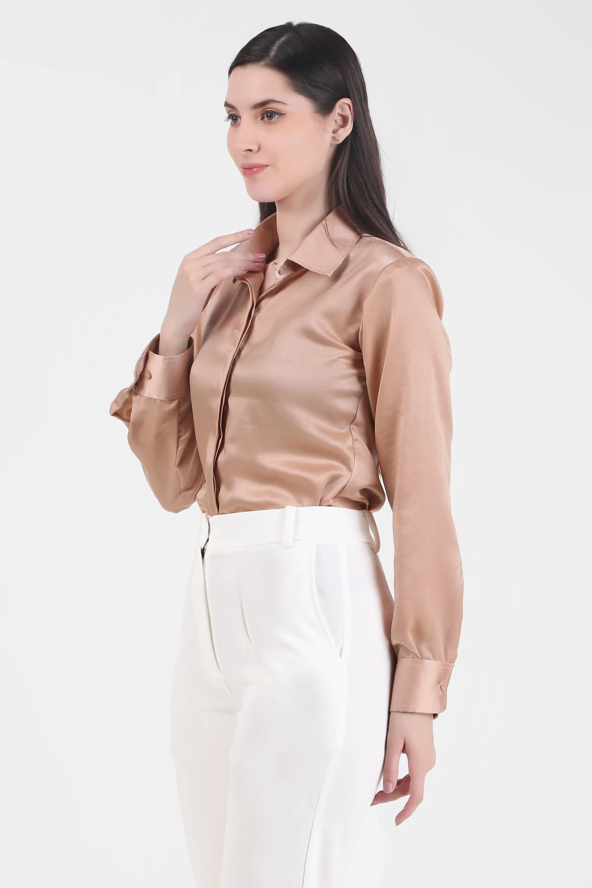 Satin Button Down Full Sleeves Shirt, Hazelnut
