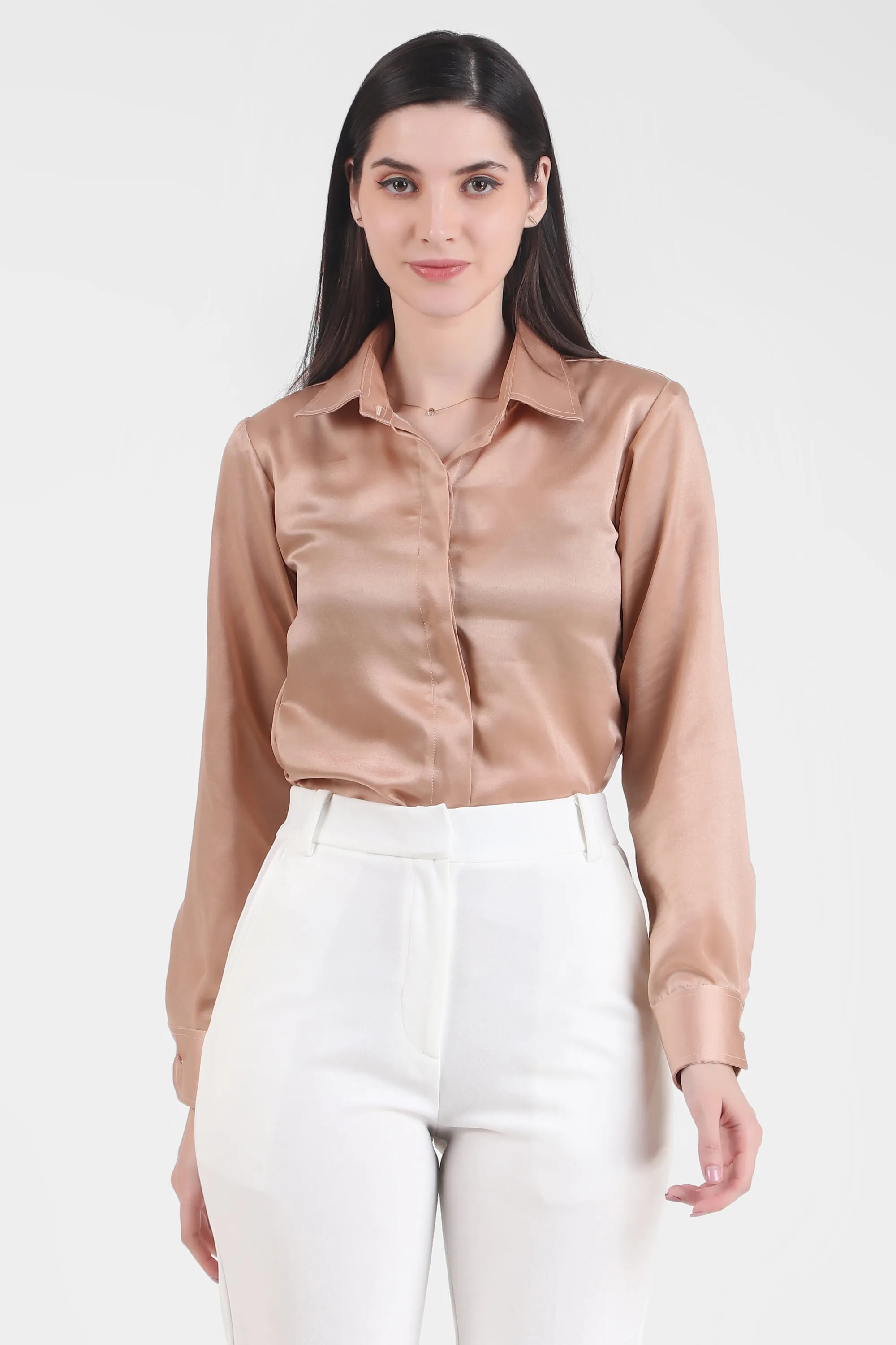Satin Button Down Full Sleeves Shirt, Hazelnut