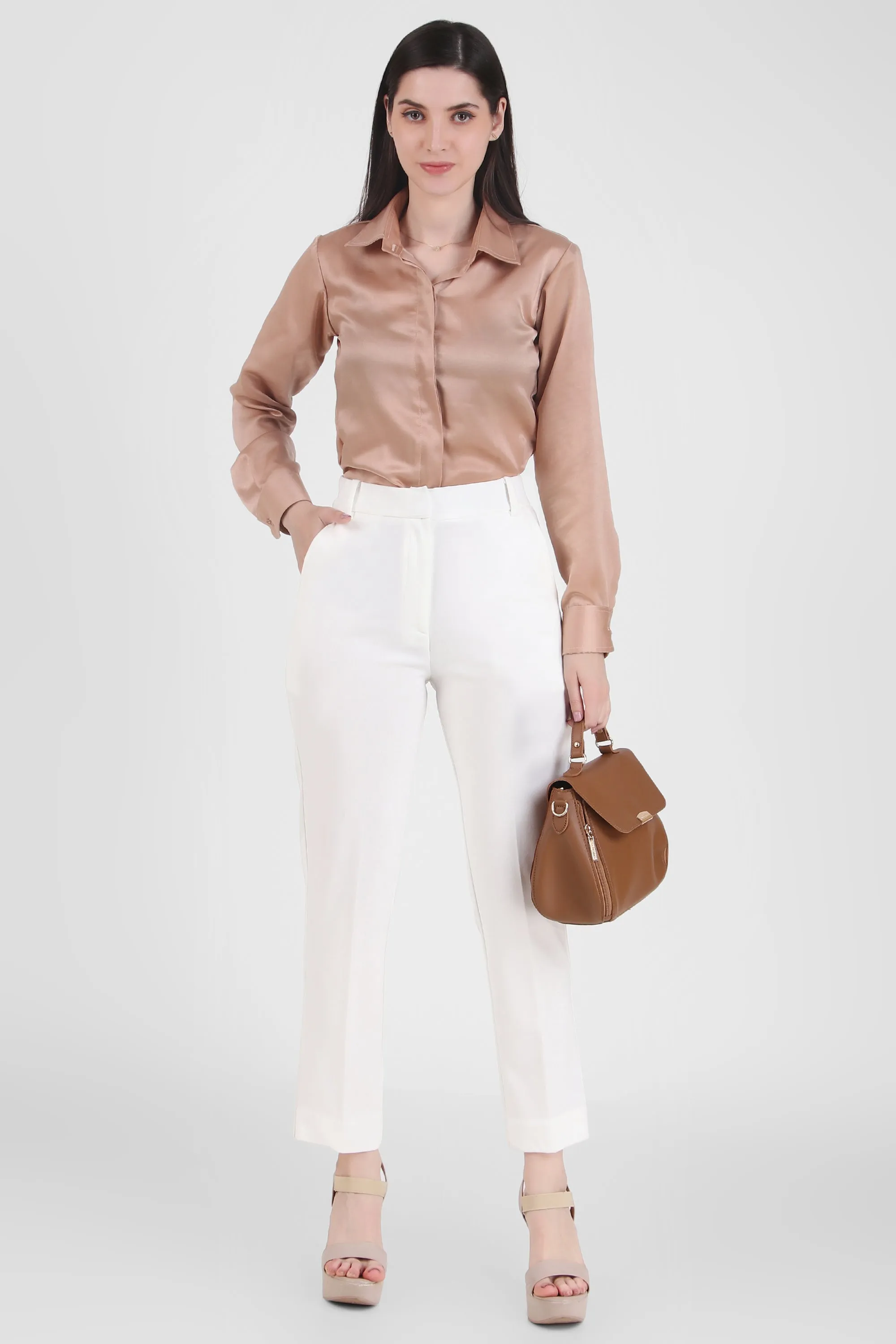 Satin Button Down Full Sleeves Shirt, Hazelnut