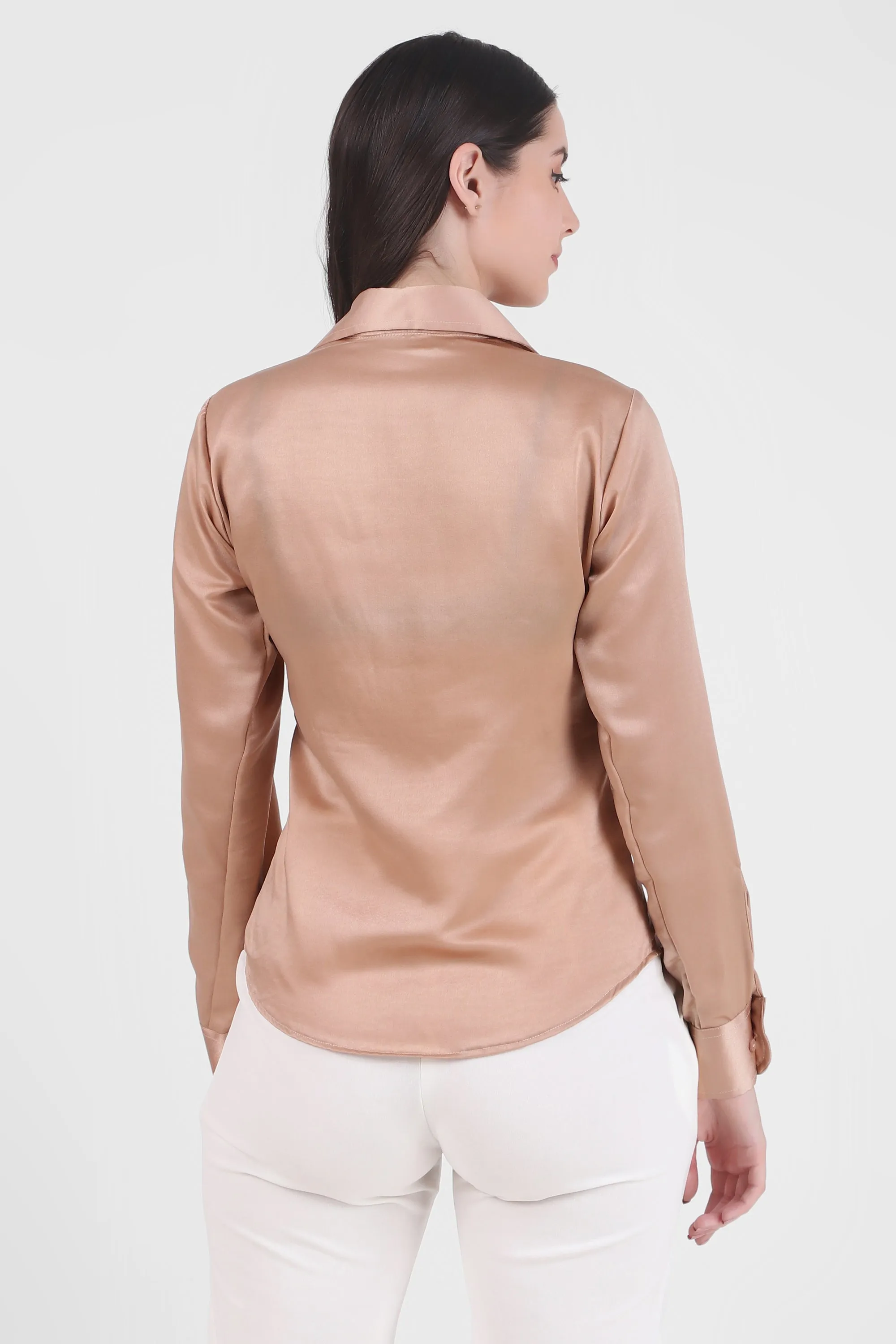 Satin Button Down Full Sleeves Shirt, Hazelnut