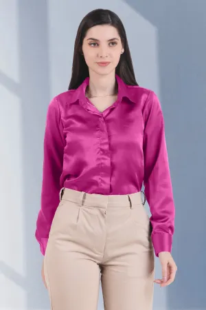 Satin Button Down Full Sleeves Shirt, Pink