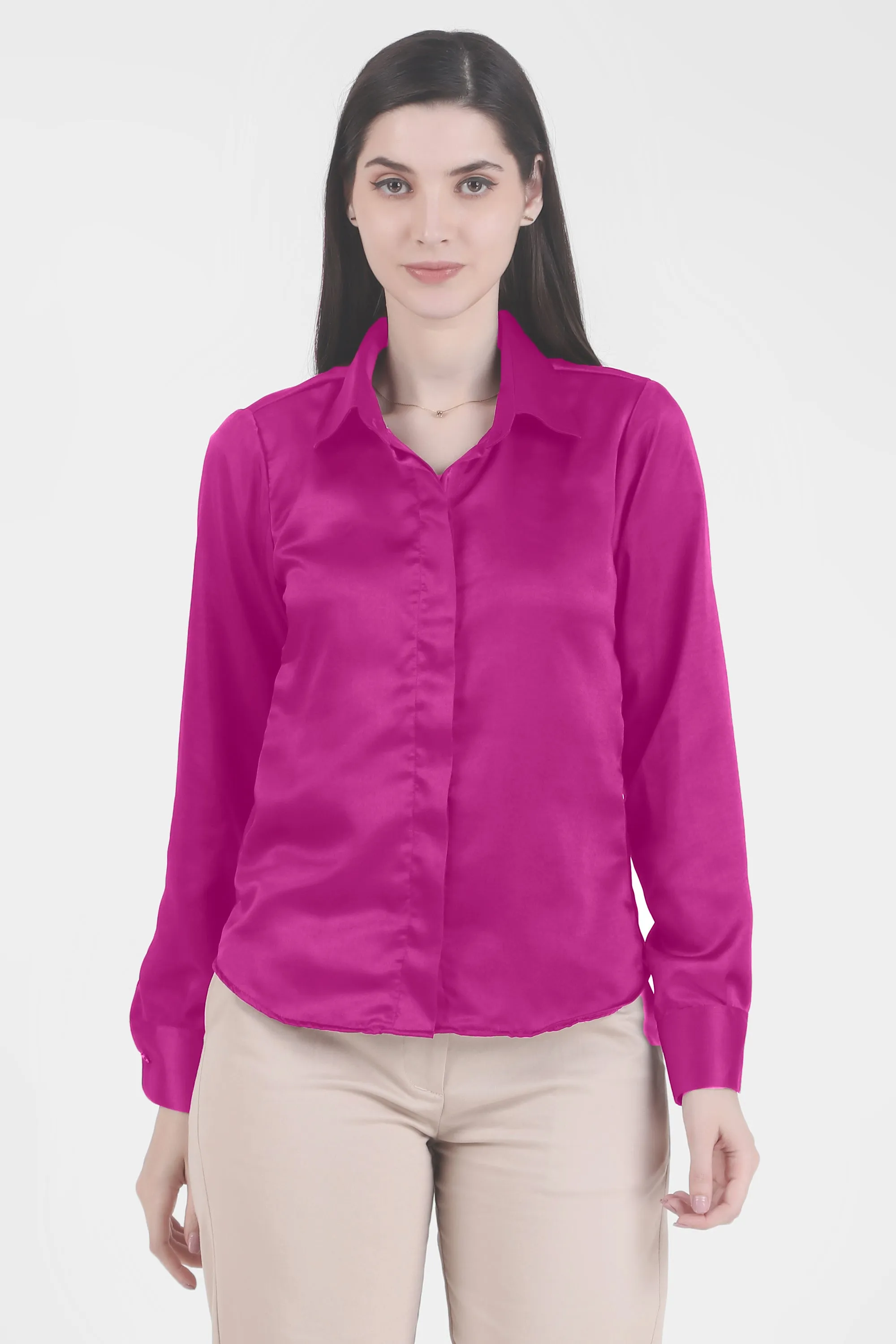 Satin Button Down Full Sleeves Shirt, Pink