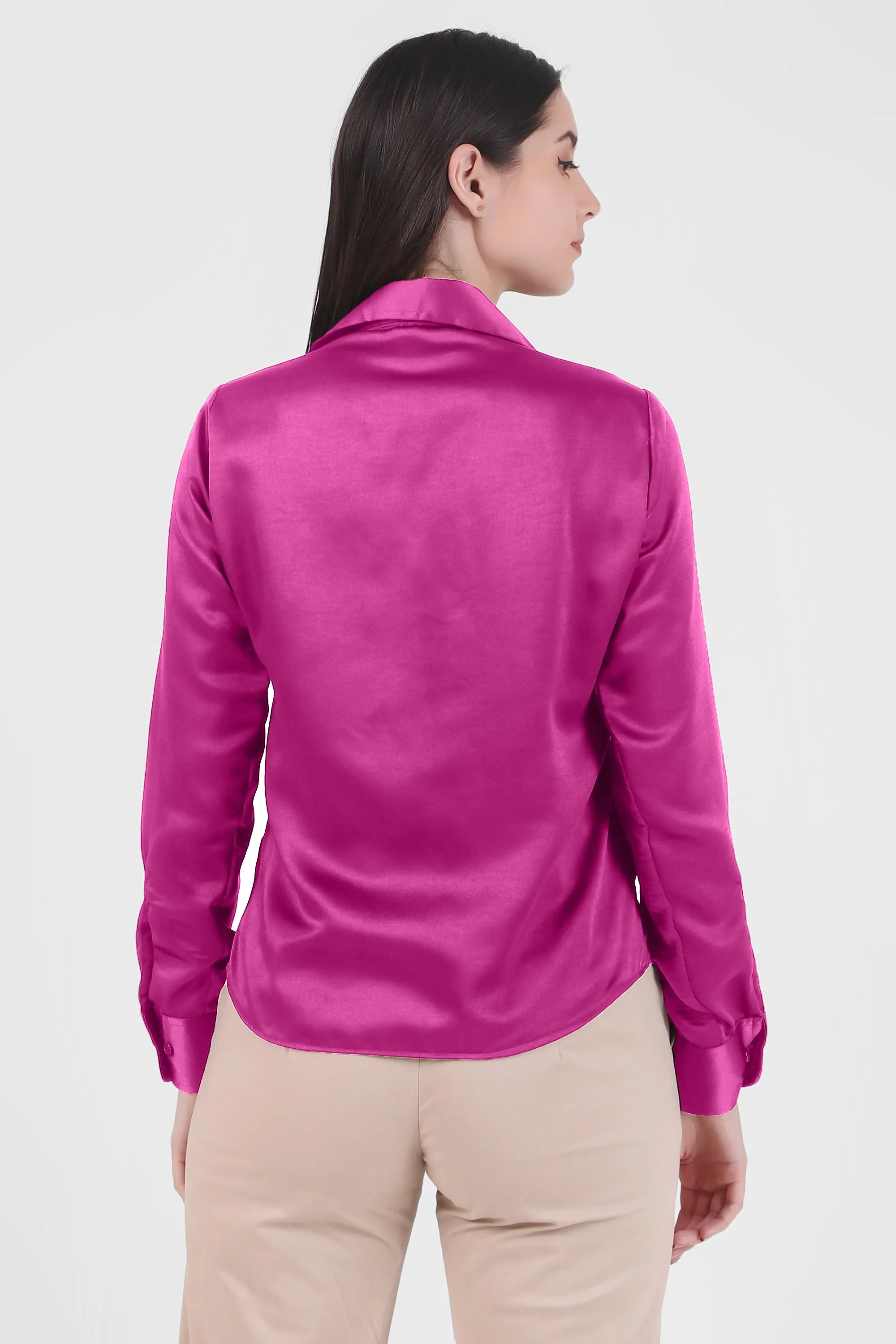 Satin Button Down Full Sleeves Shirt, Pink