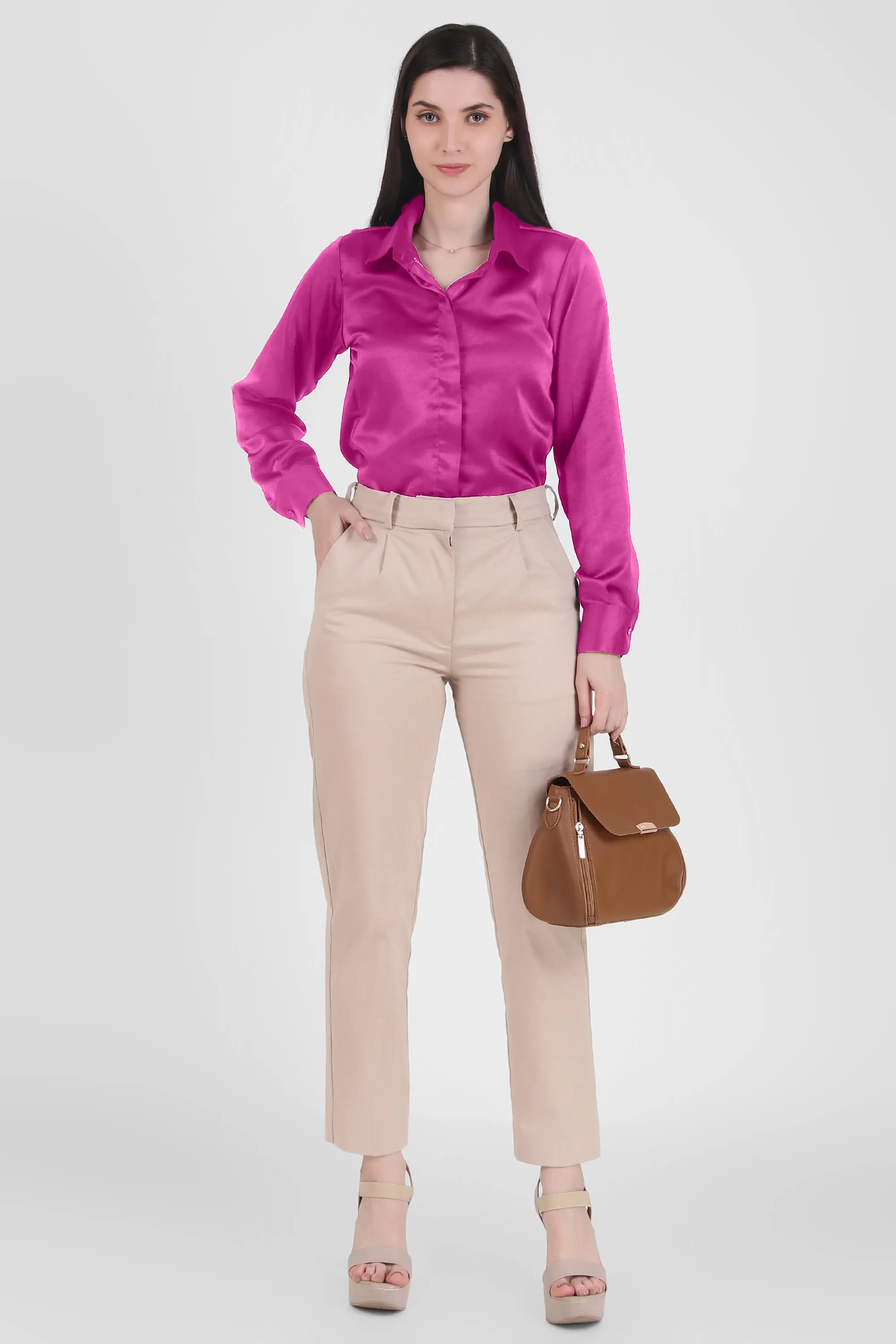 Satin Button Down Full Sleeves Shirt, Pink