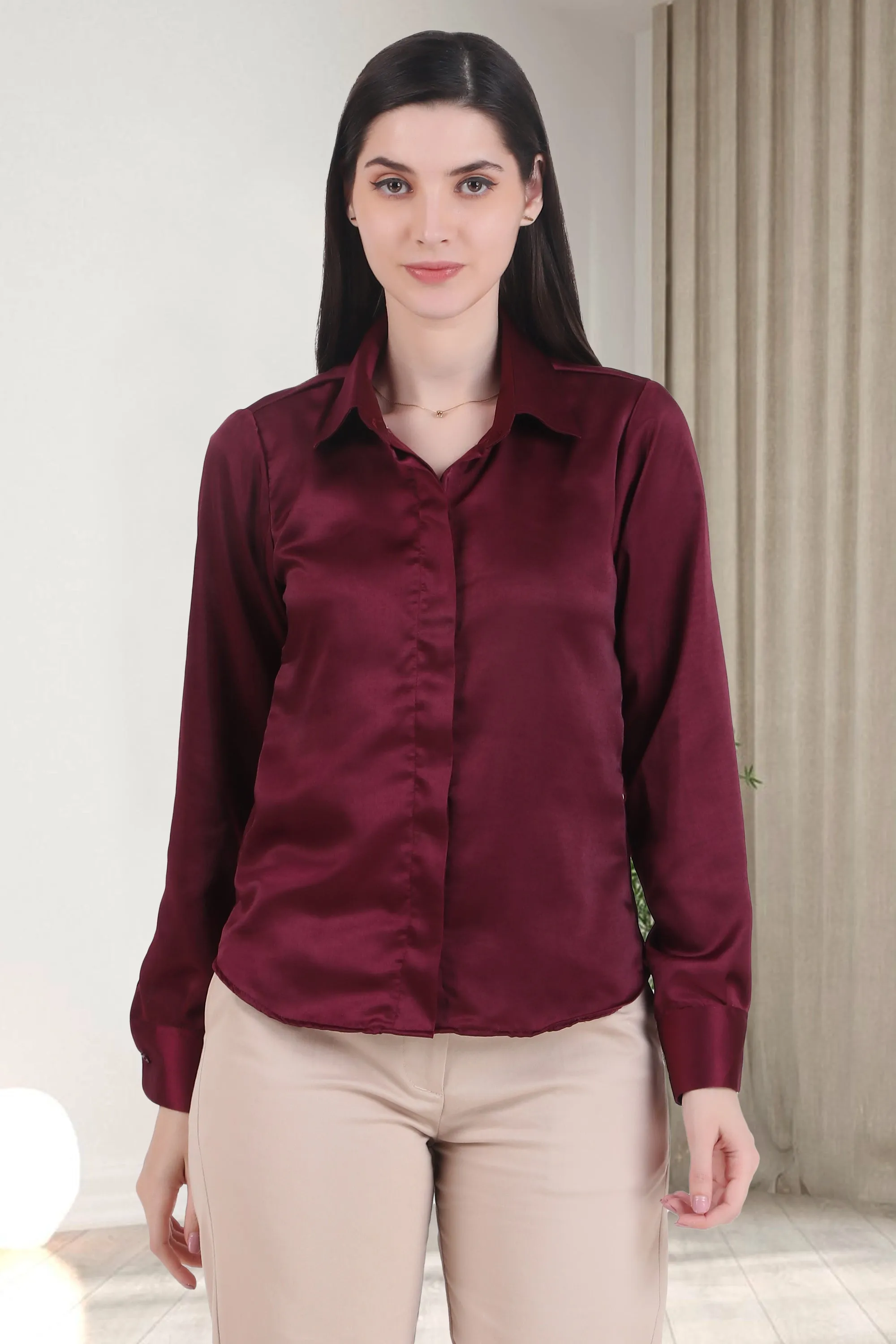 Satin Button Down Full Sleeves Shirt, Wine