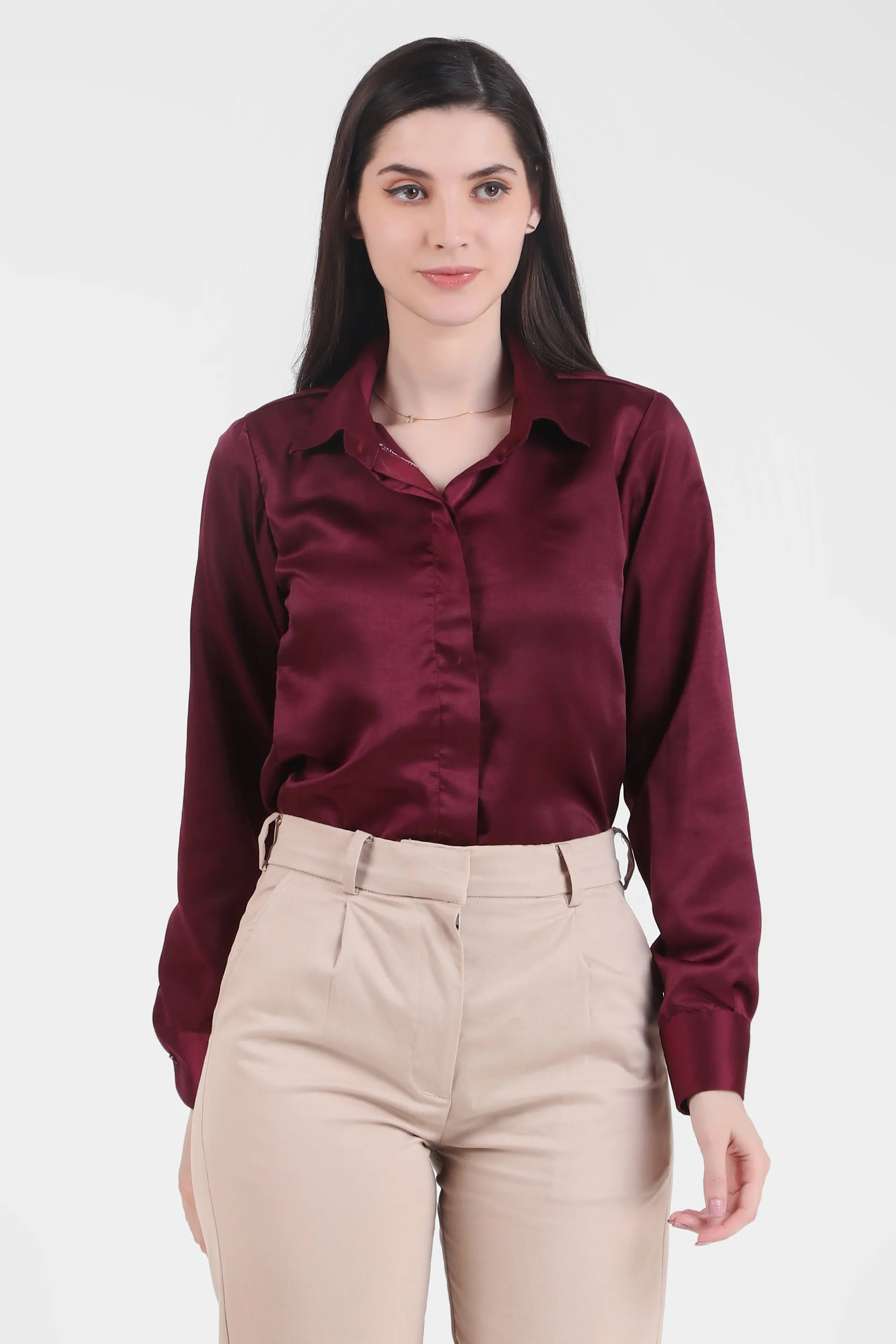 Satin Button Down Full Sleeves Shirt, Wine