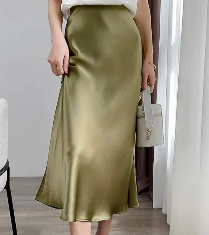 Satin Silk Midi A-line Long High Waist Skirt