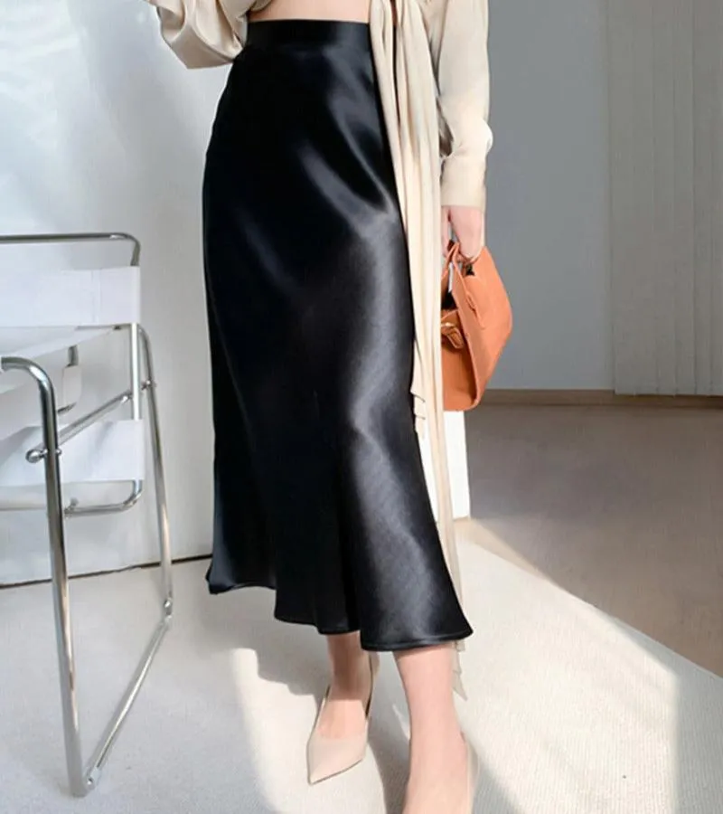 Satin Silk Midi A-line Long High Waist Skirt