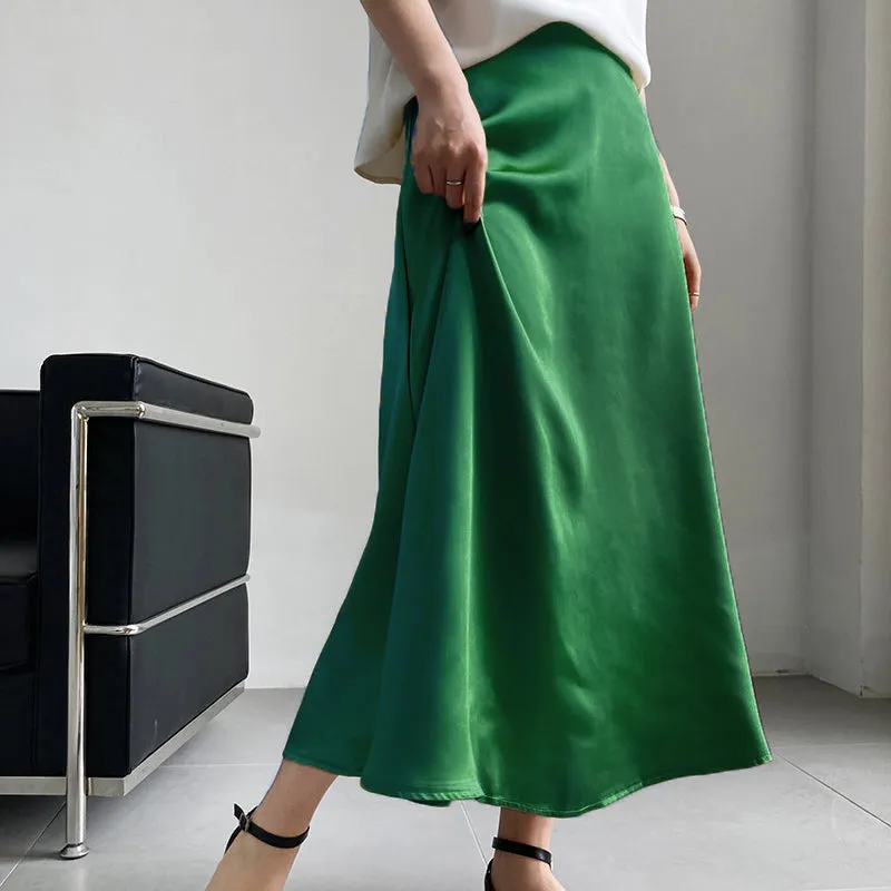 Satin Silk Midi A-line Long High Waist Skirt