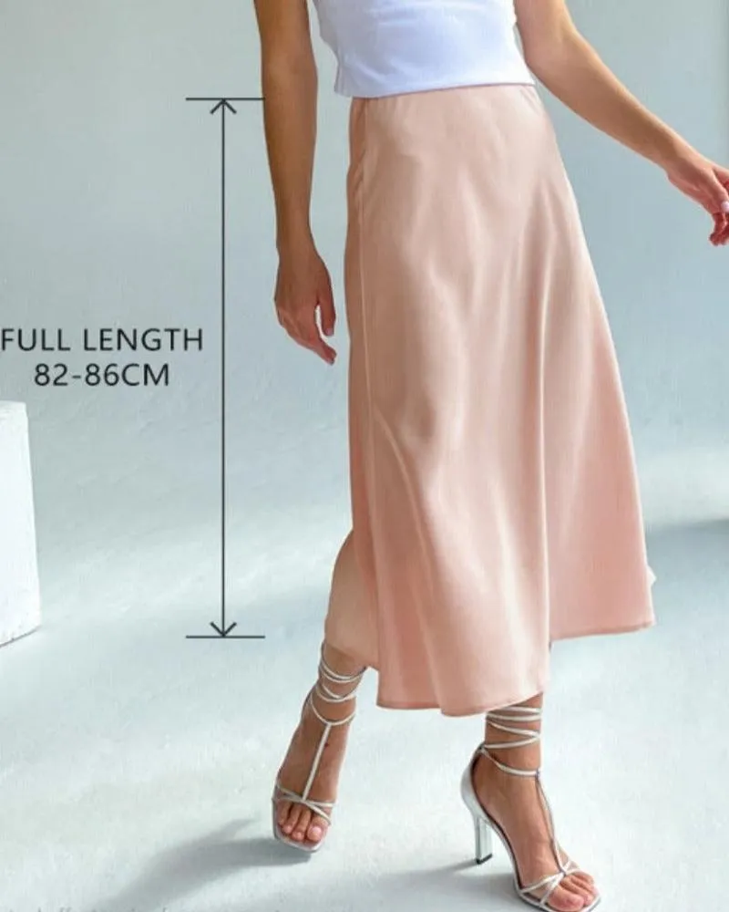 Satin Silk Midi A-line Long High Waist Skirt