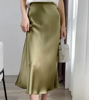 Satin Silk Midi A-line Long High Waist Skirt