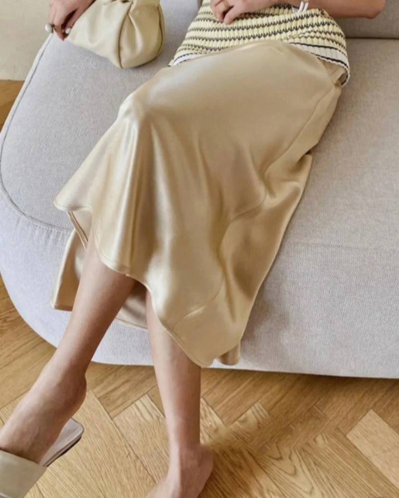 Satin Silk Midi A-line Long High Waist Skirt