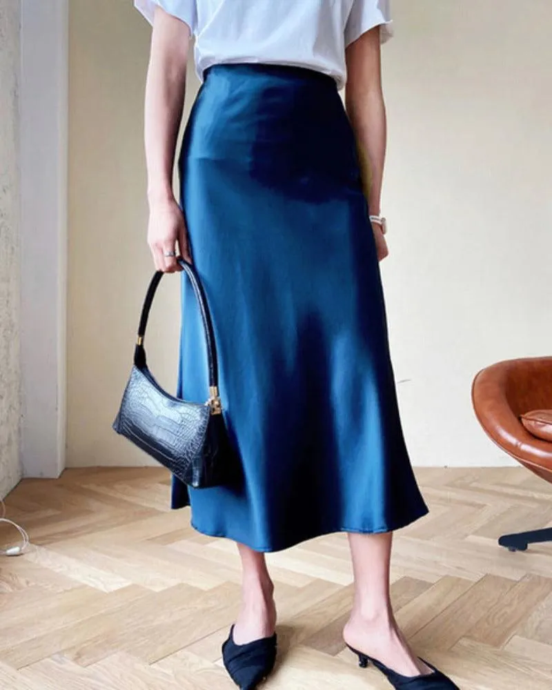 Satin Silk Midi A-line Long High Waist Skirt