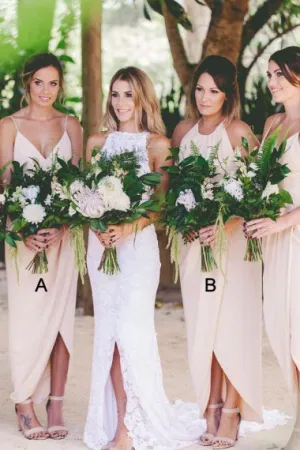 Sheath Spaghetti Straps Ankle-Length Asymmetrical Pink Chiffon Bridesmaid Dress AHC637