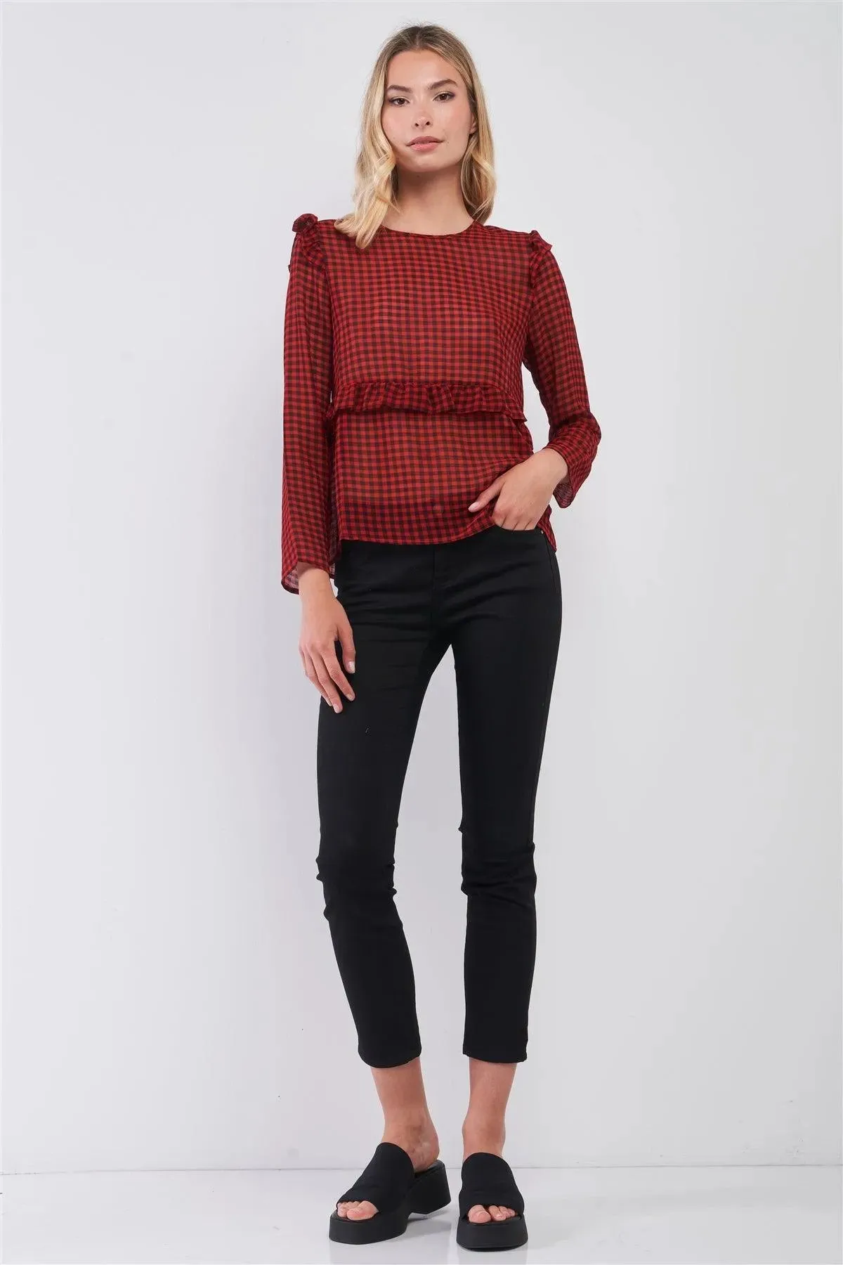 Sheer Buffalo Check Print Ruffle Trim Blouse Top /1-2-2-1