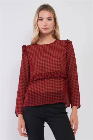Sheer Buffalo Check Print Ruffle Trim Blouse Top /1-2-2-1