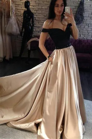 Simple Elegant Off The Shoulder Long Prom Dress With Pockets