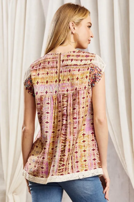 SJ Aztec Inspired Crochet Trimmed Cap Sleeve Top - Magenta