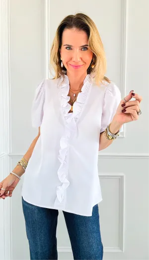 Soleil Ruffle Front Blouse Top - White