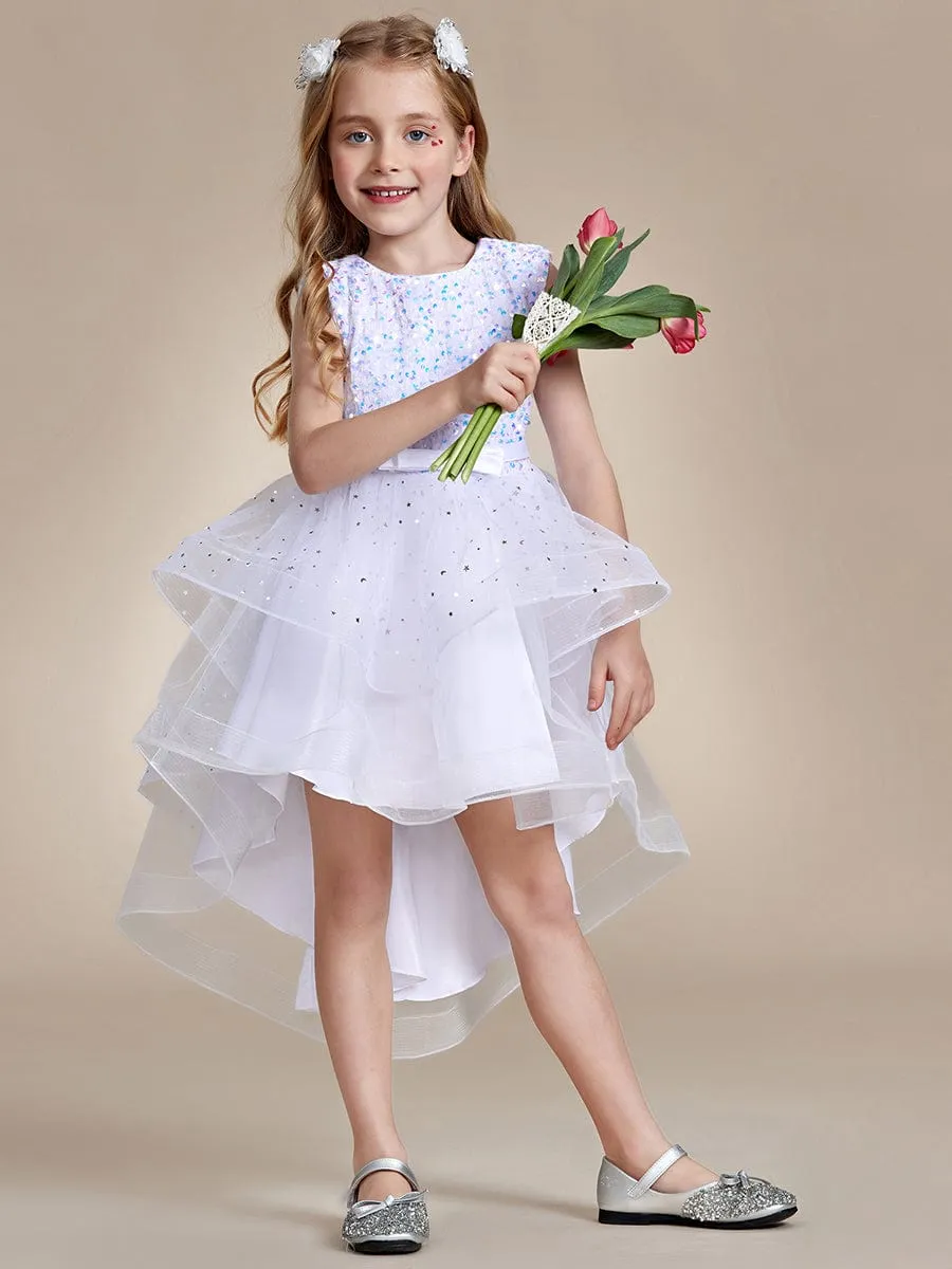 Sparkling Glitter High Low A-Line Sleeveless Multi-Layered Tulle Flower Girl Dress