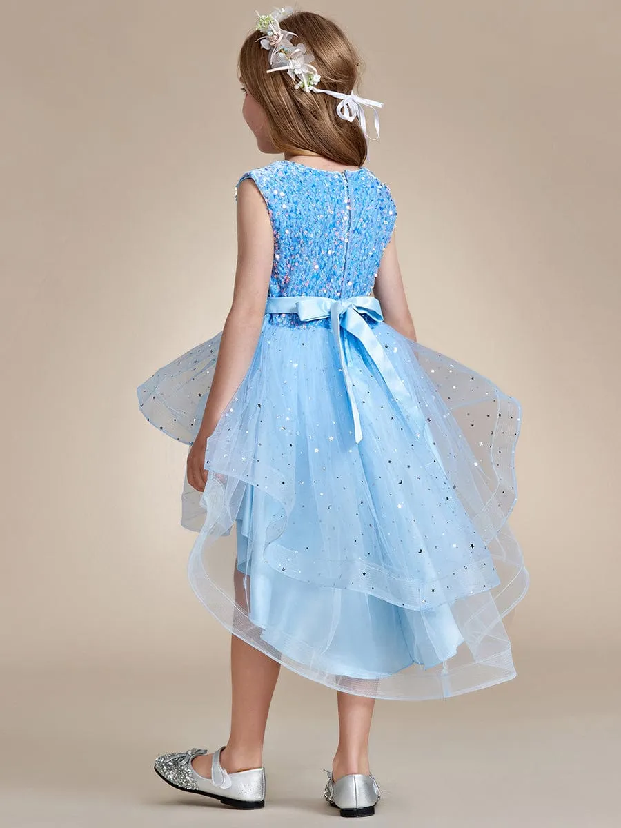 Sparkling Glitter High Low A-Line Sleeveless Multi-Layered Tulle Flower Girl Dress