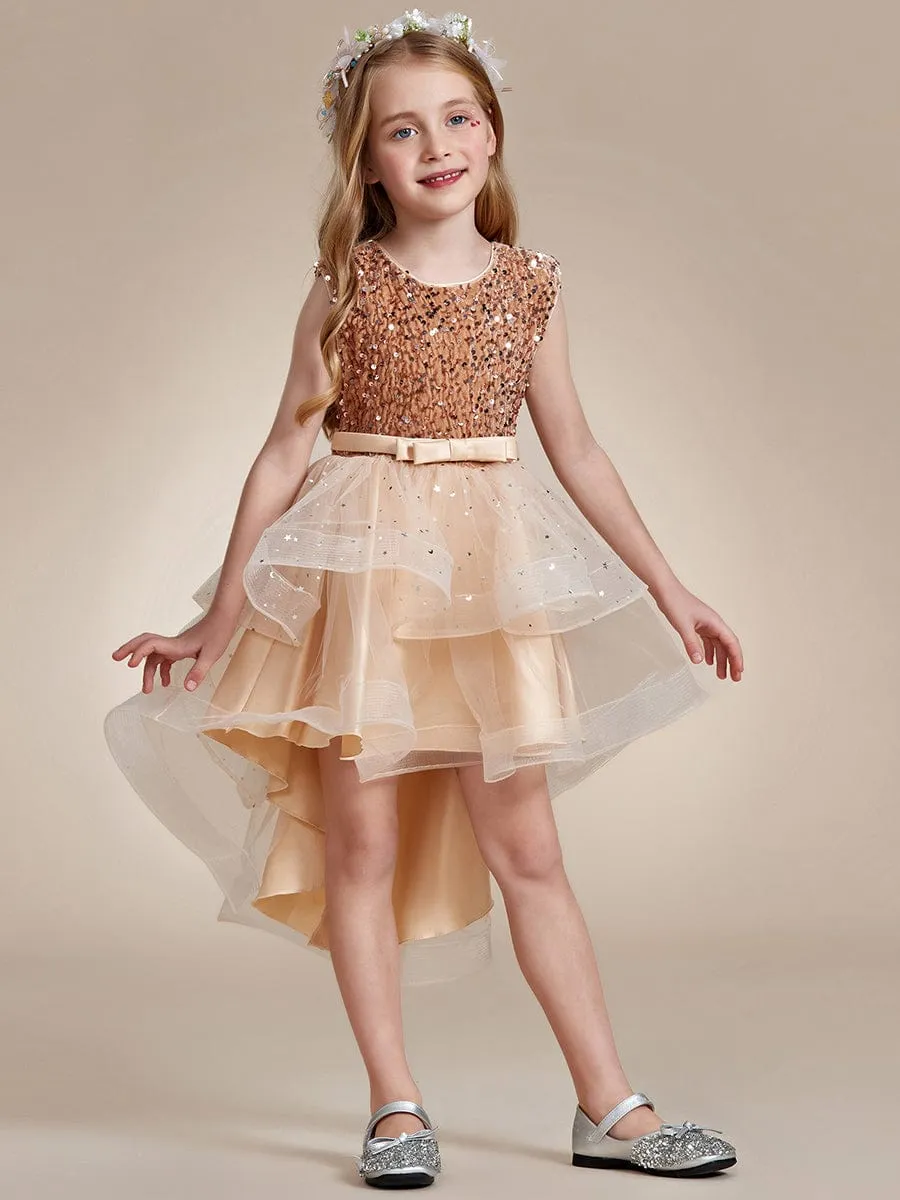 Sparkling Glitter High Low A-Line Sleeveless Multi-Layered Tulle Flower Girl Dress