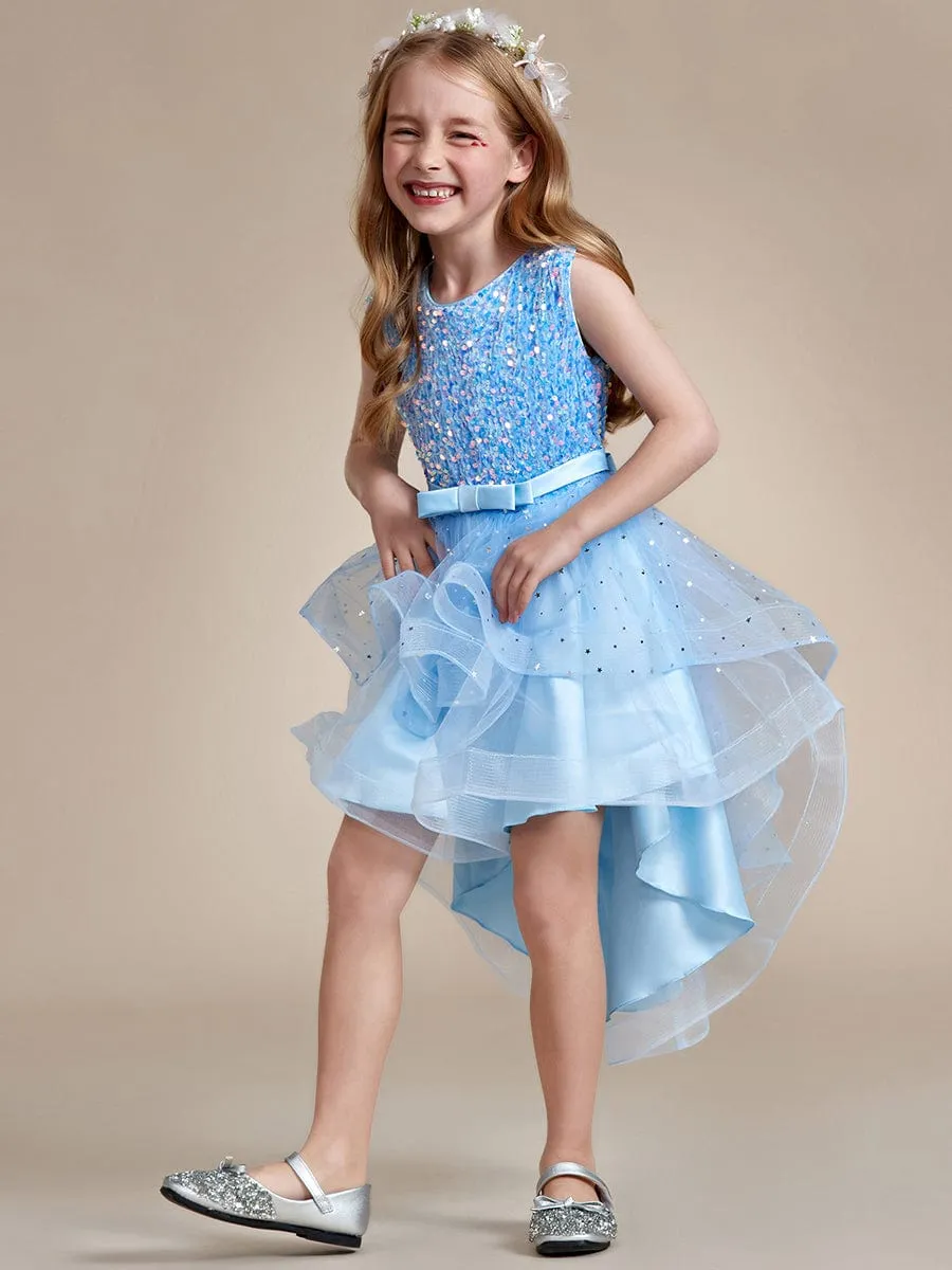 Sparkling Glitter High Low A-Line Sleeveless Multi-Layered Tulle Flower Girl Dress