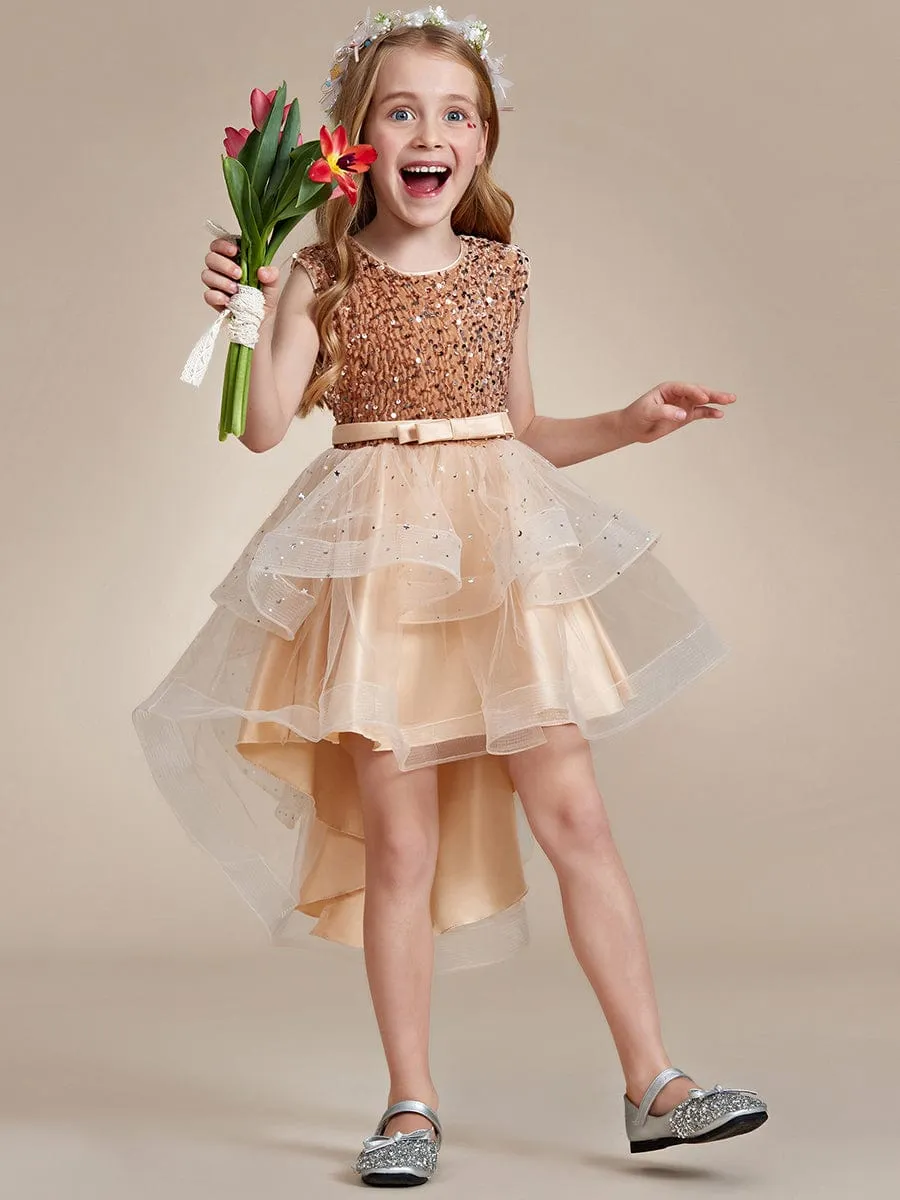 Sparkling Glitter High Low A-Line Sleeveless Multi-Layered Tulle Flower Girl Dress