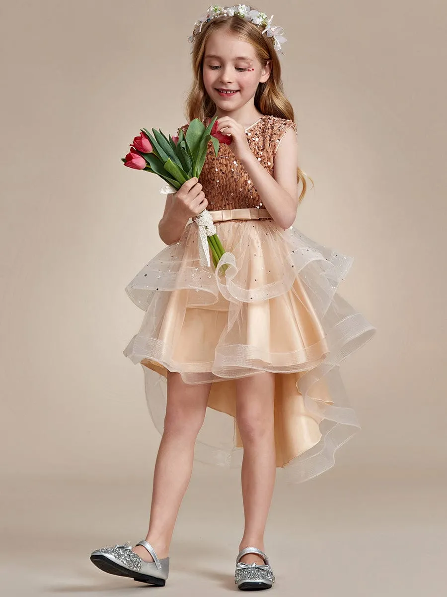Sparkling Glitter High Low A-Line Sleeveless Multi-Layered Tulle Flower Girl Dress