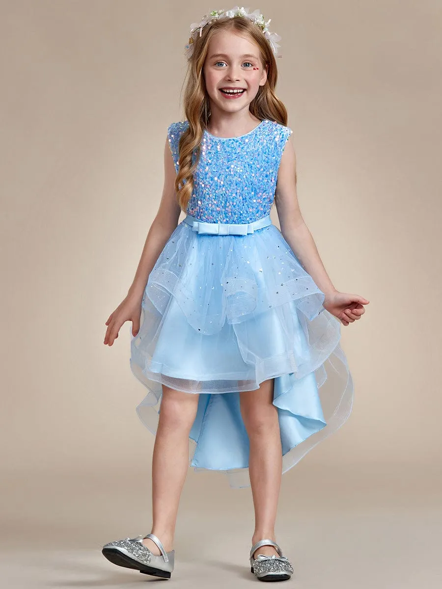 Sparkling Glitter High Low A-Line Sleeveless Multi-Layered Tulle Flower Girl Dress