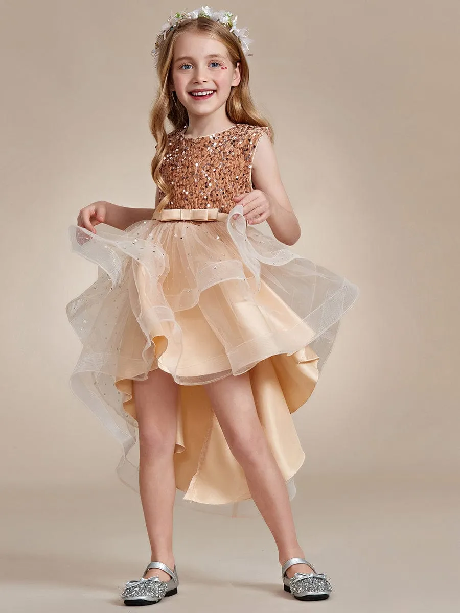 Sparkling Glitter High Low A-Line Sleeveless Multi-Layered Tulle Flower Girl Dress