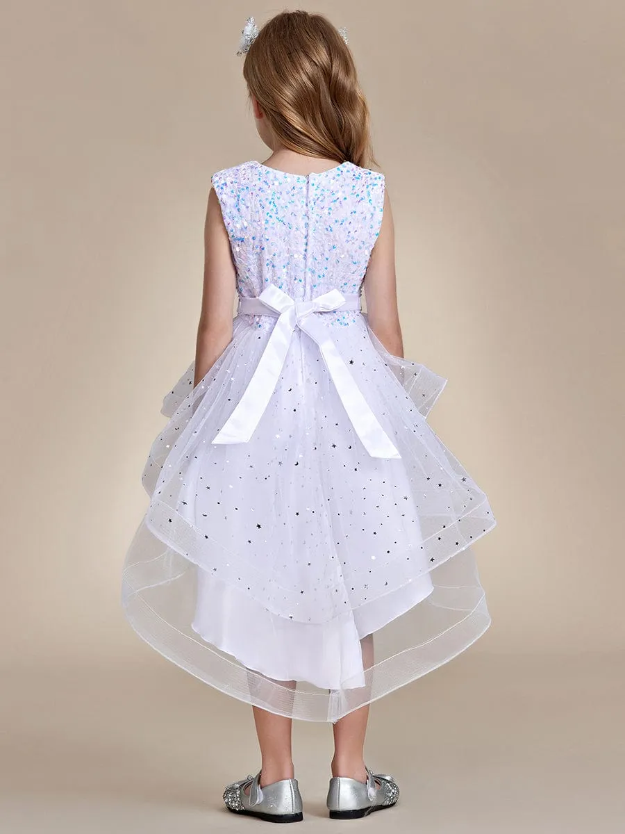 Sparkling Glitter High Low A-Line Sleeveless Multi-Layered Tulle Flower Girl Dress