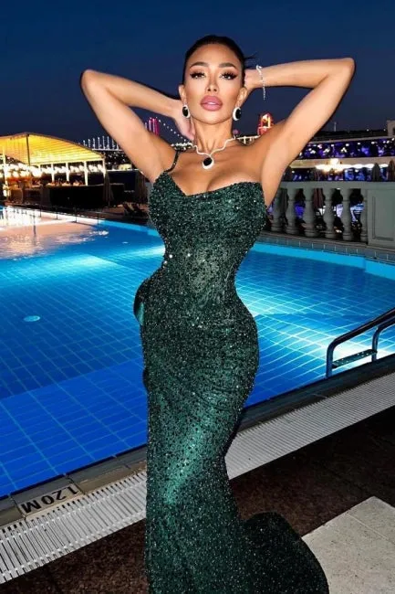 Sparkly Dark Green Spaghetti Straps Long Mermaid Prom Dresses Evening Gowns With Slit
